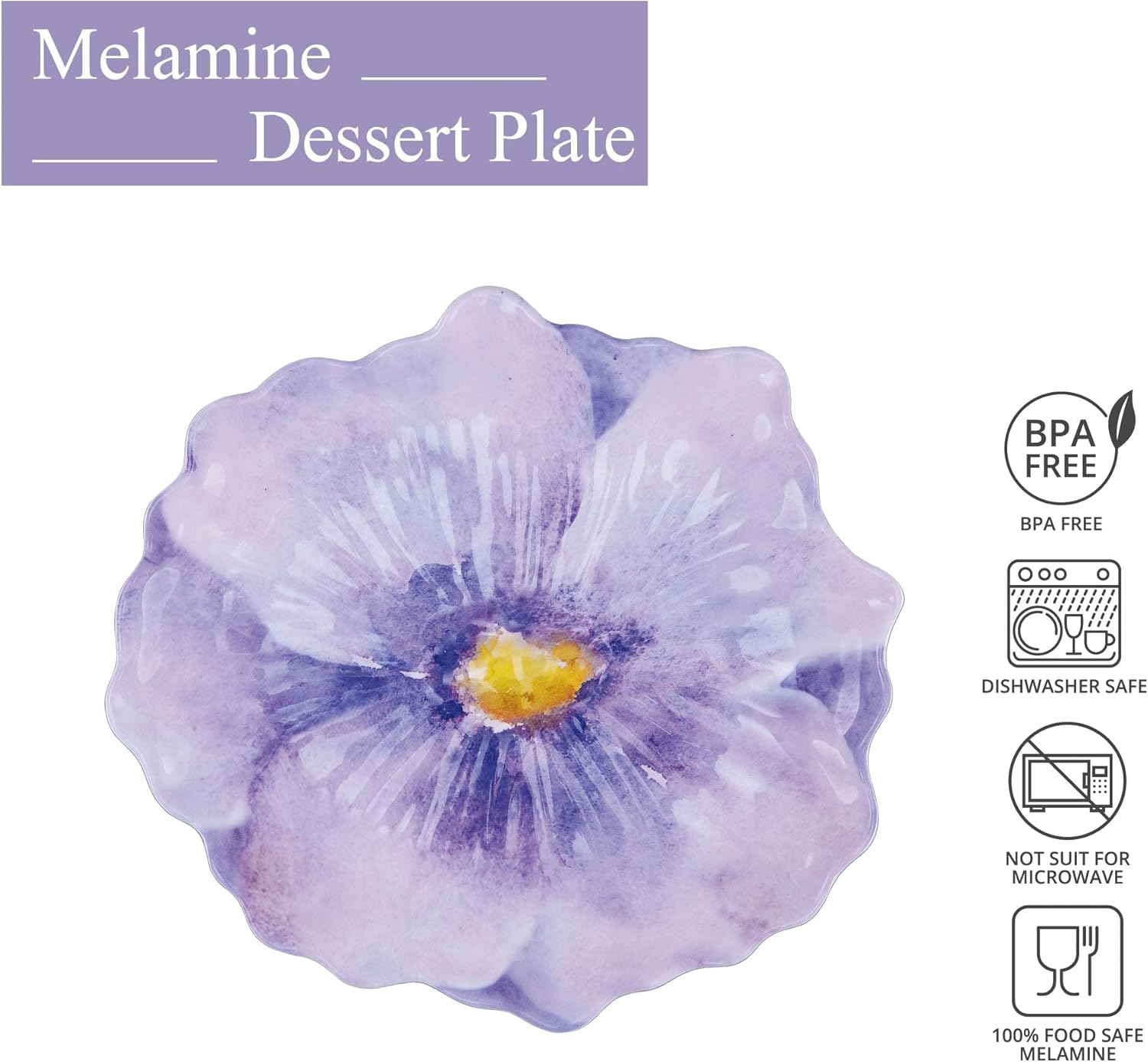 UP ware – Platos de postre de melamina lavanda, platos pequeños en forma de flores, para aperitivos, aperitivos y guarniciones, morado, 7.5 x 7