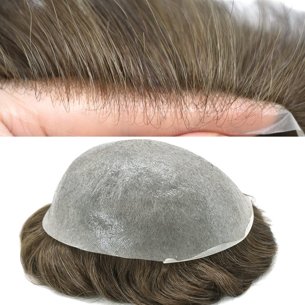 Mens Toupee Pieza de cabello humano para hombres ultra fina piel tupé para hombres V-Looped sistema de reemplazo de cabello para hombres Protesis