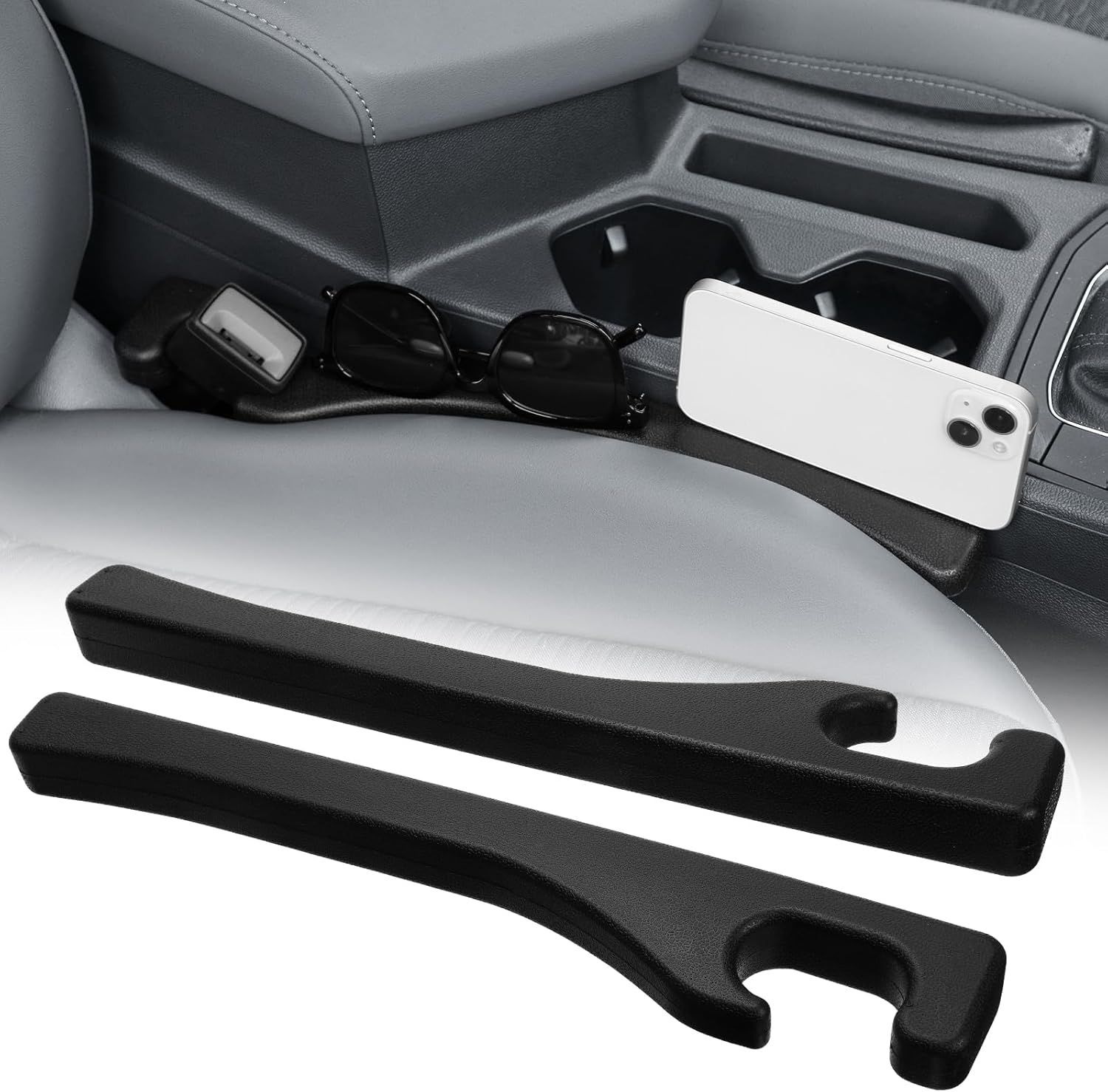 QUUREN Paquete de 2 rellenos de huecos para asiento de automóvil con agujeros para cinturón de seguridad, organizador de espacio para asiento de