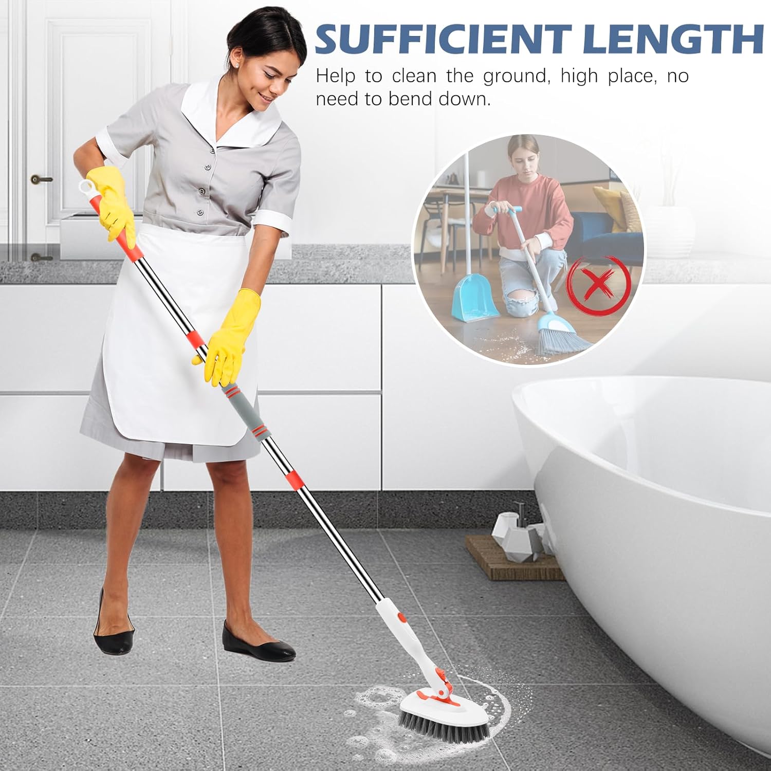 SetSail Cepillo de limpieza de piso, 3 en 1 para azulejos con mango largo ajustable de 52 pulgadas, cepillo limpiador de ducha y 3 cabezales de