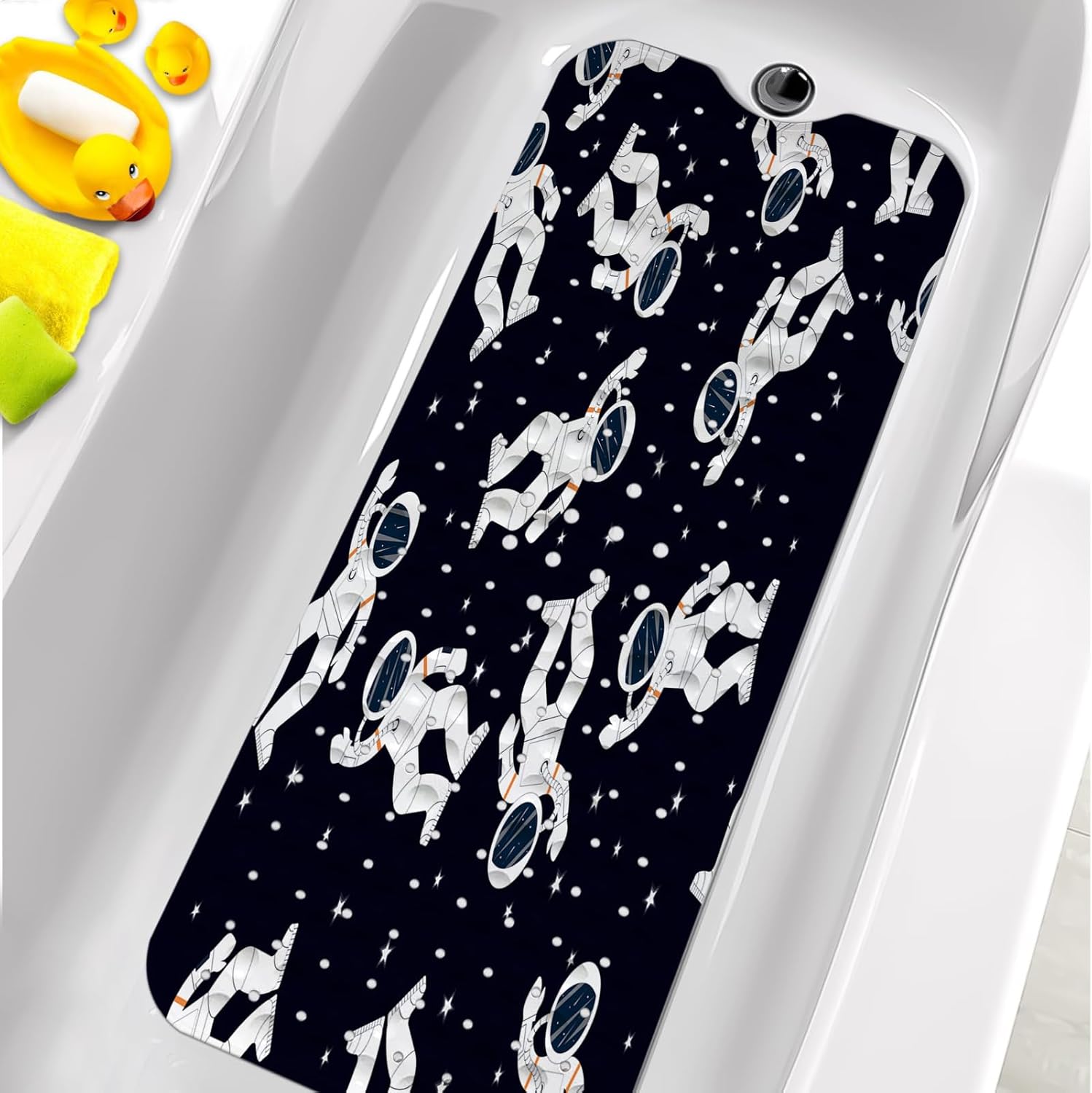 KINUUIS Tapetes de bañera para niños, tapete de baño de astronauta negro antideslizante para bañera de 40 x 16 pulgadas, grande, lavable,