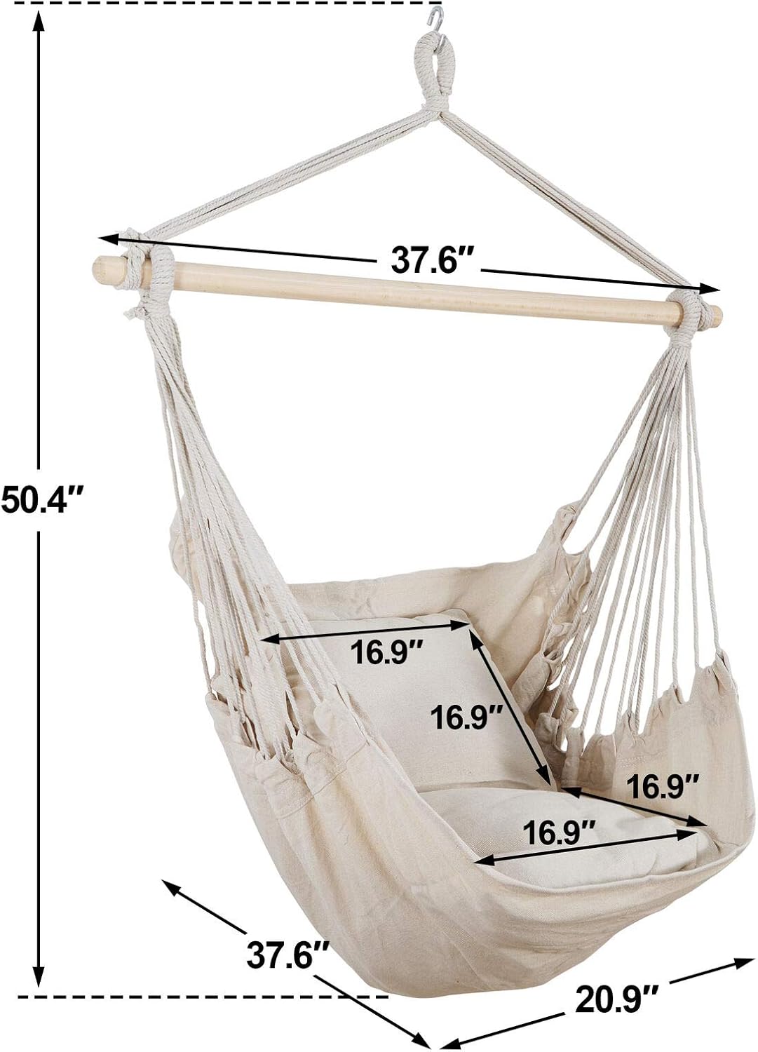 Silla hamaca beige columpio colgante de cuerda silla de red porche patio con 2 cojines