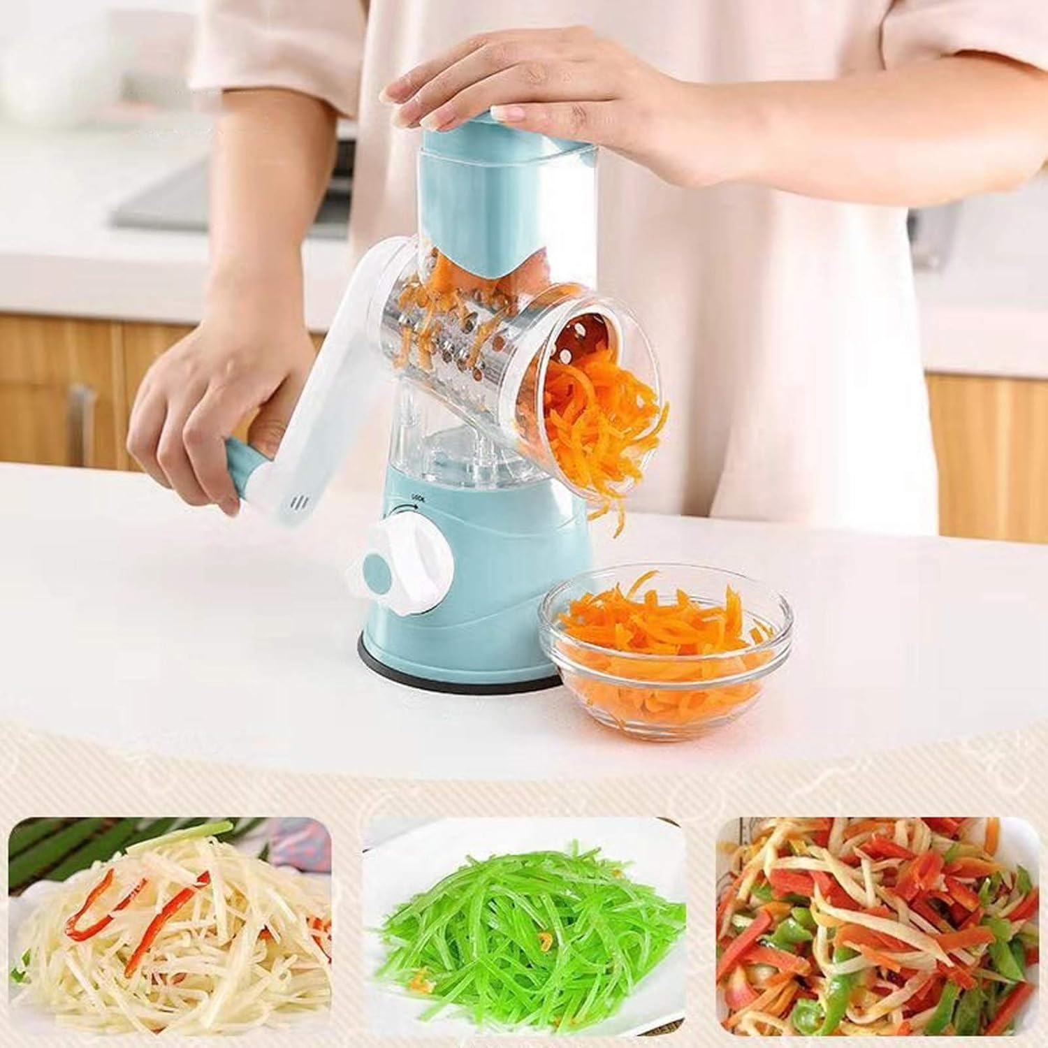 Rallador rotativo de queso, cortador manual de verduras, base de succión, 3 cuchillas intercambiables de acero inoxidable, molinillo de nuez, caja
