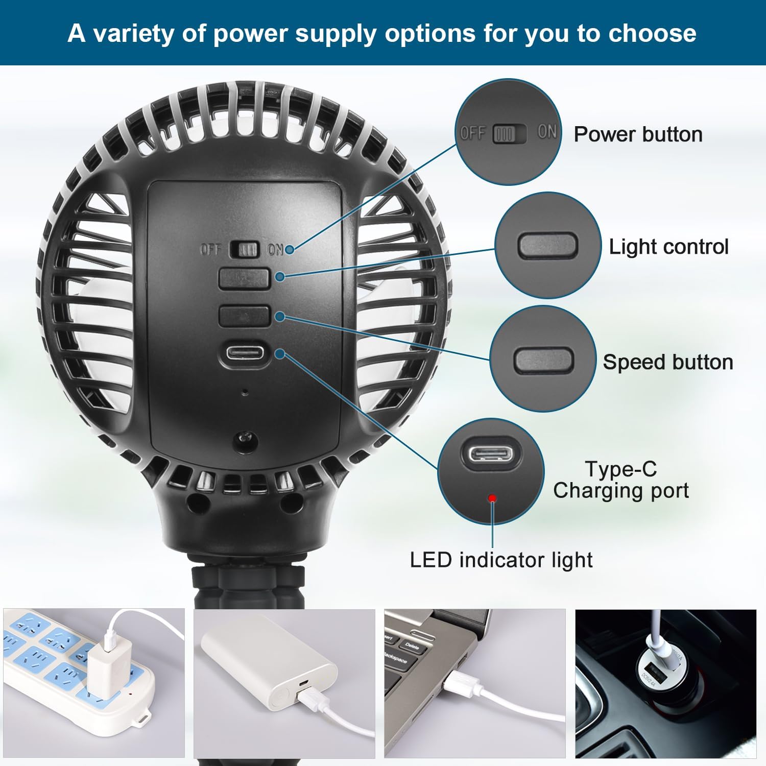 WiHoo Ventilador de cochecito de 5200 mAh con luces LED, ventilador portátil para asiento de automóvil, ventilador de cochecito de bebé con trípode