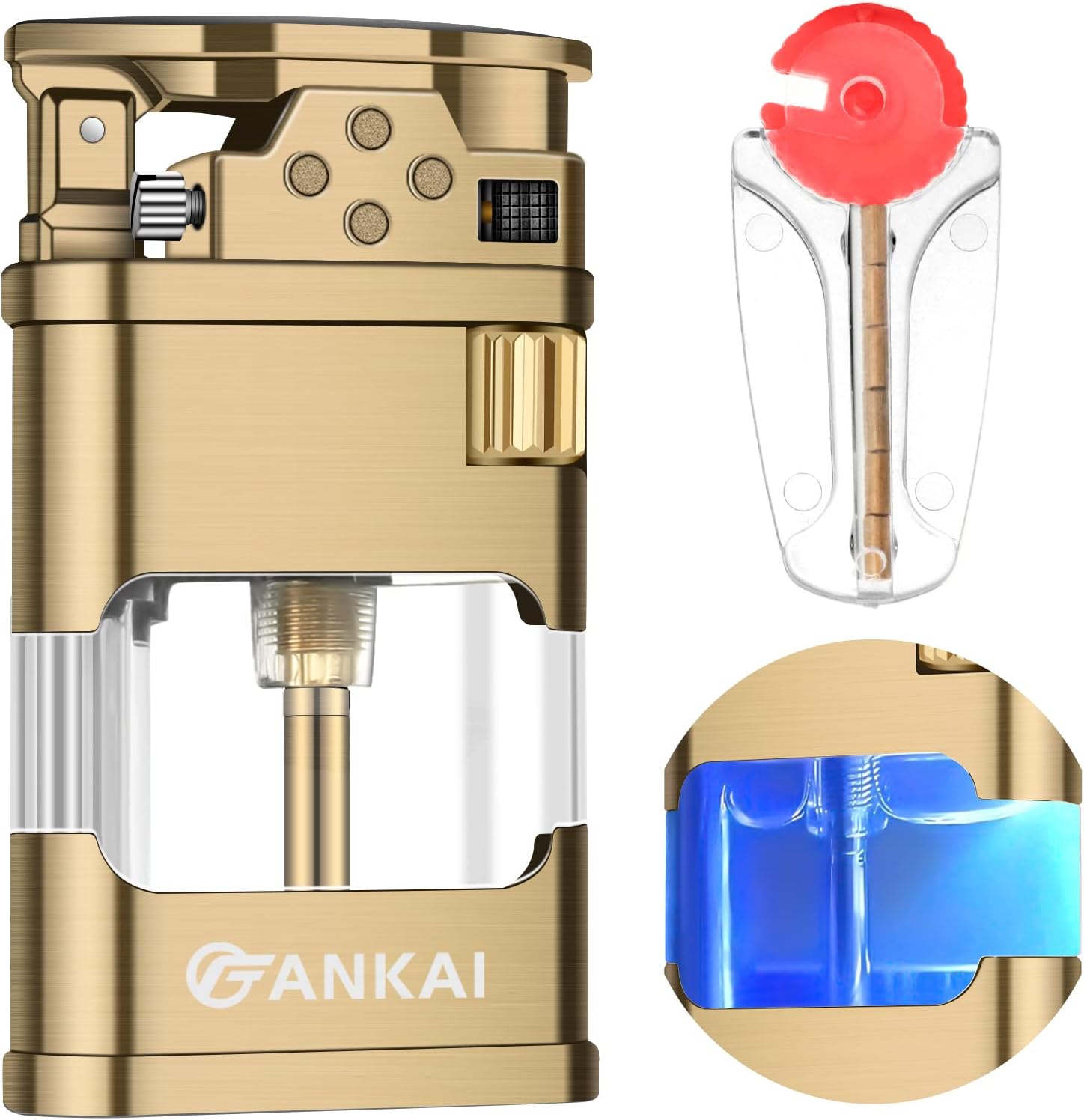 FANKAI – Encendedor de butano con luz LED, encendedor de butano de un solo chorro con 6 pedernales reemplazables, encendedores fríos recargables con