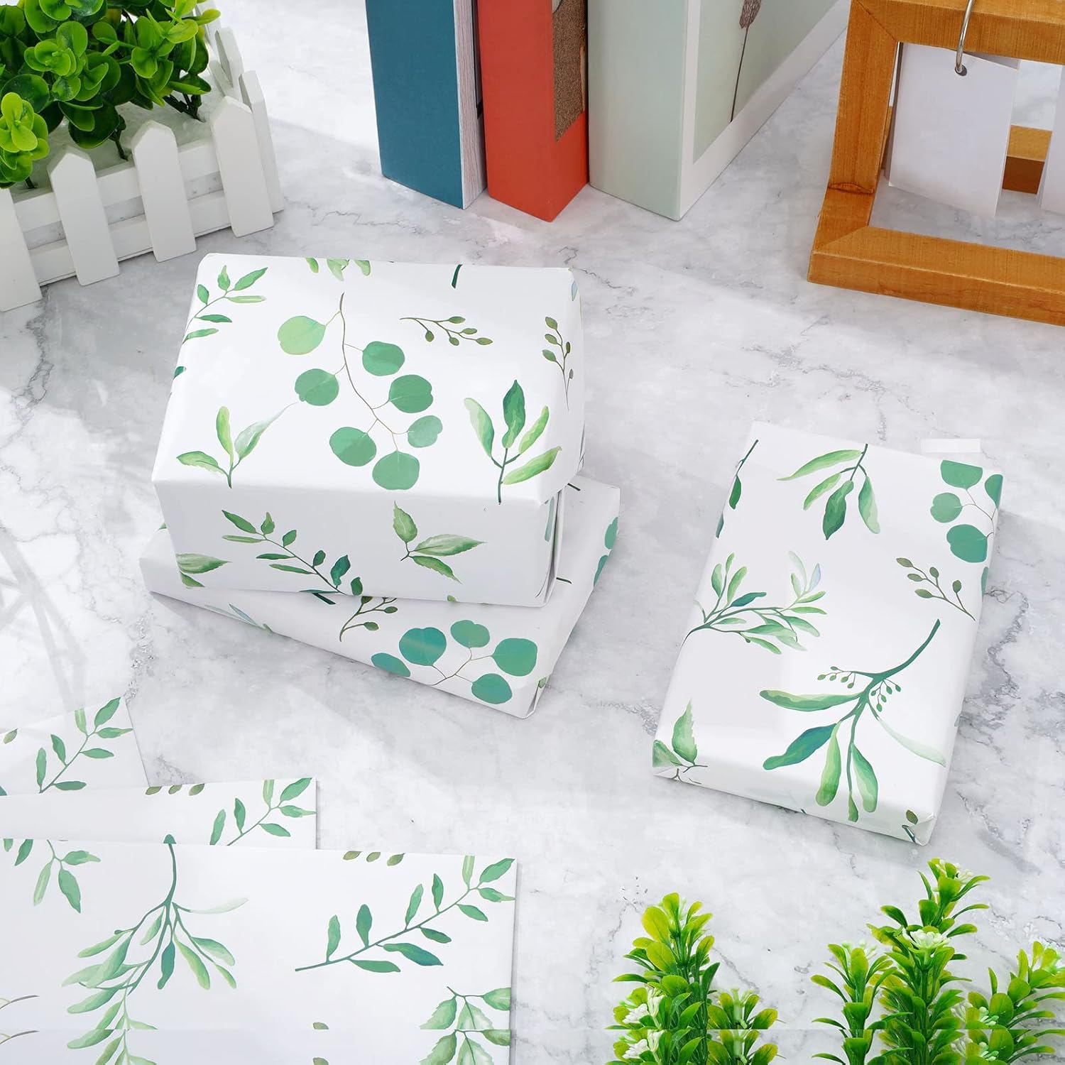 Whaline Papel de regalo de hojas verdes de acuarela, papel de regalo de hojas verdes a granel, papel de arte plegado plano para safari en la selva,