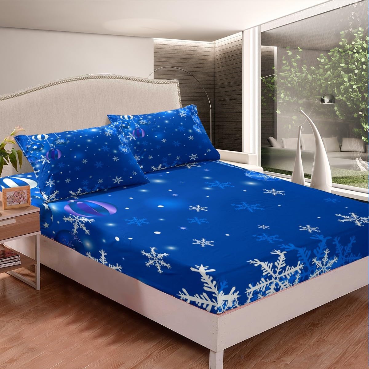 Erosebridal Juego de sábanas con diseño de copo de nieve blanco degradado azul, 4 piezas, sábana bajera ajustable de Feliz Navidad, regalo de Año
