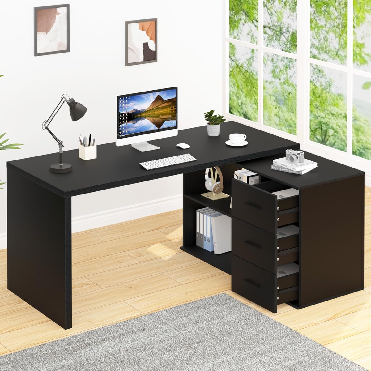 HSH Escritorio negro en forma de L con estantes de cajones, escritorio giratorio de 360 grados para oficina en casa en forma de L con gabinete de