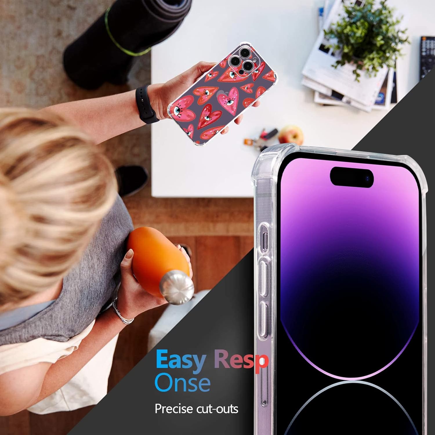 Buffertech – Funda para iPhone 11 Pro Max con diseño de ojos rojos, patrón de corazones de amor con protector de pantalla impacto de caída de 6.6