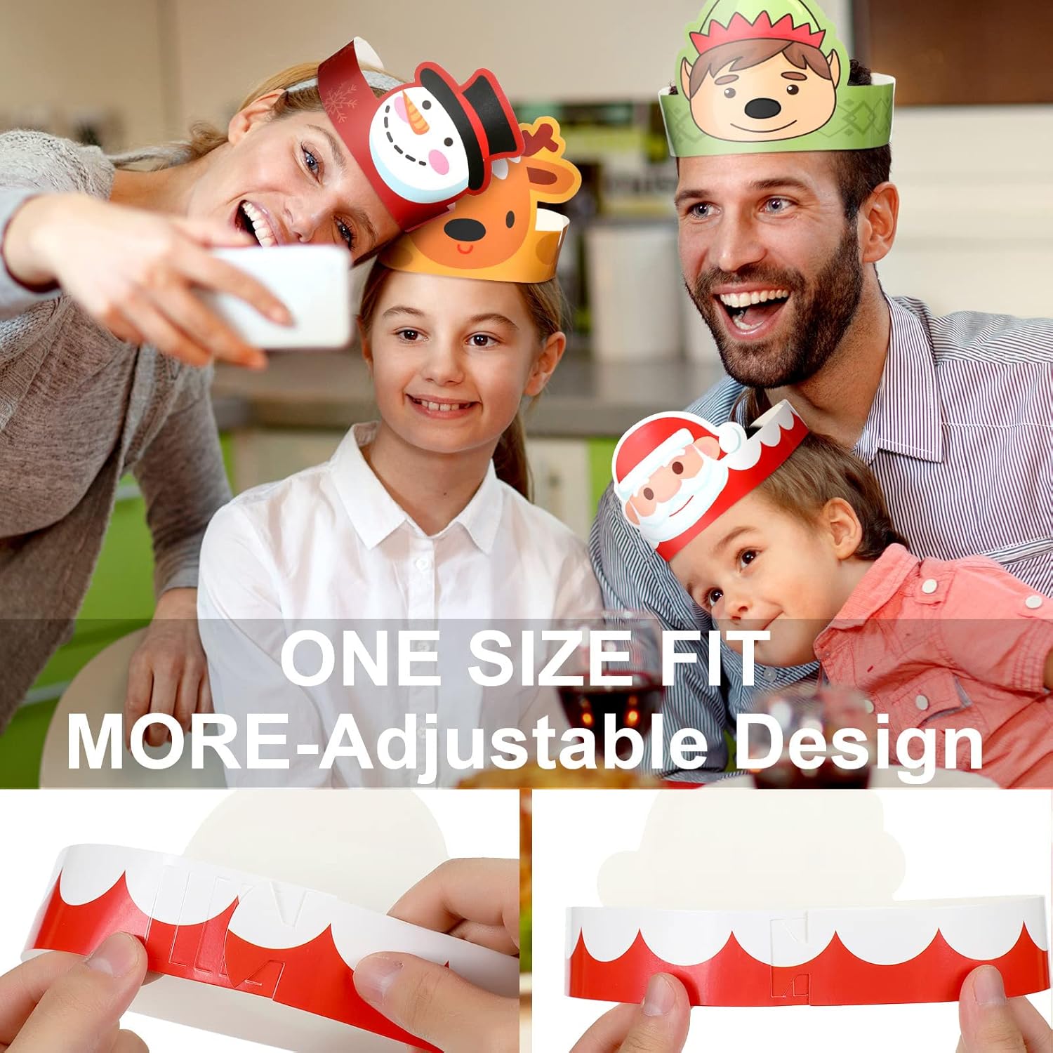 Skylety 40 sombreros de fiesta de papel de Navidad para niños, ajustable, corona de papel, diadema, Papá Noel, elfo, reno, muñecos de nieve, hombre