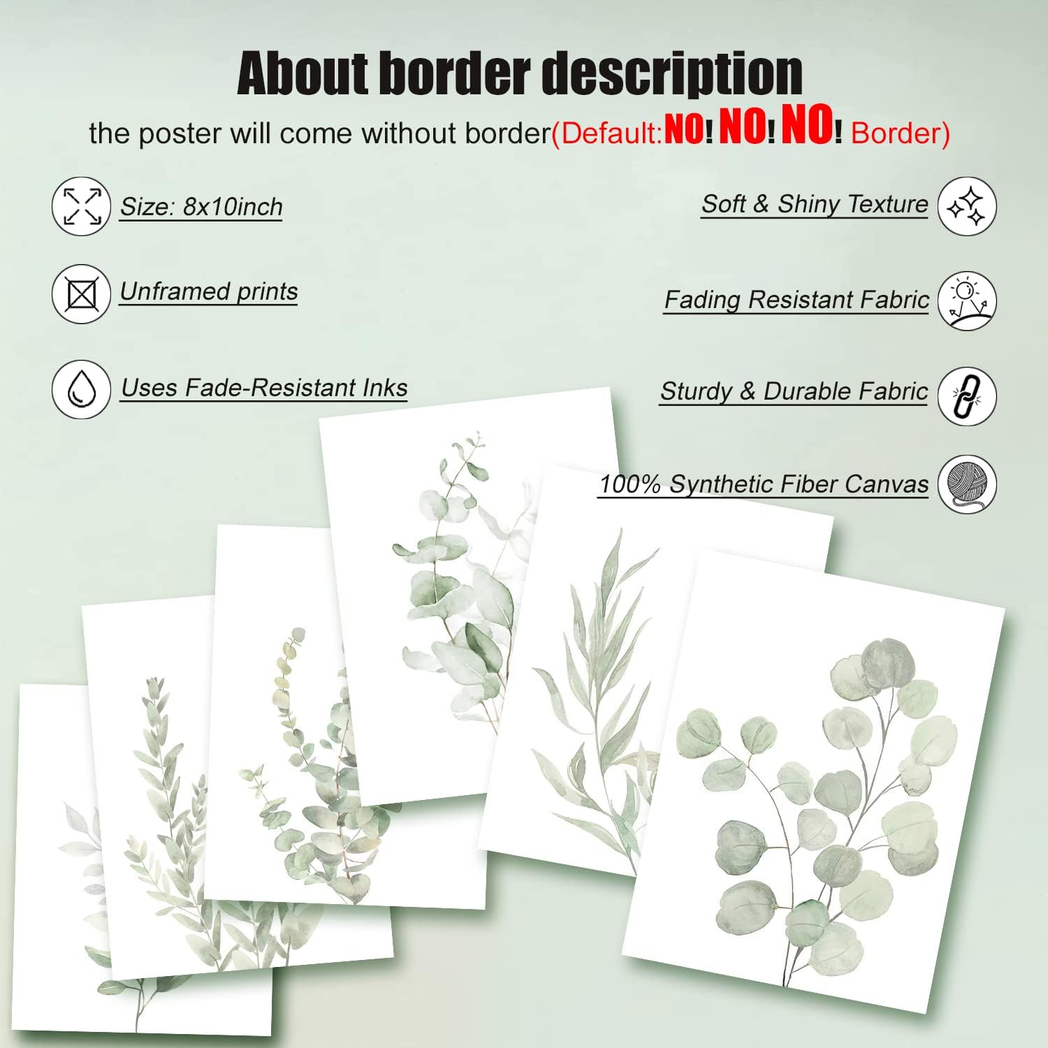 NCYEL Arte de pared con plantas botánicas, decoración bohemia para baño, impresiones artísticas de pared de hojas de eucalipto verde claro, arte de