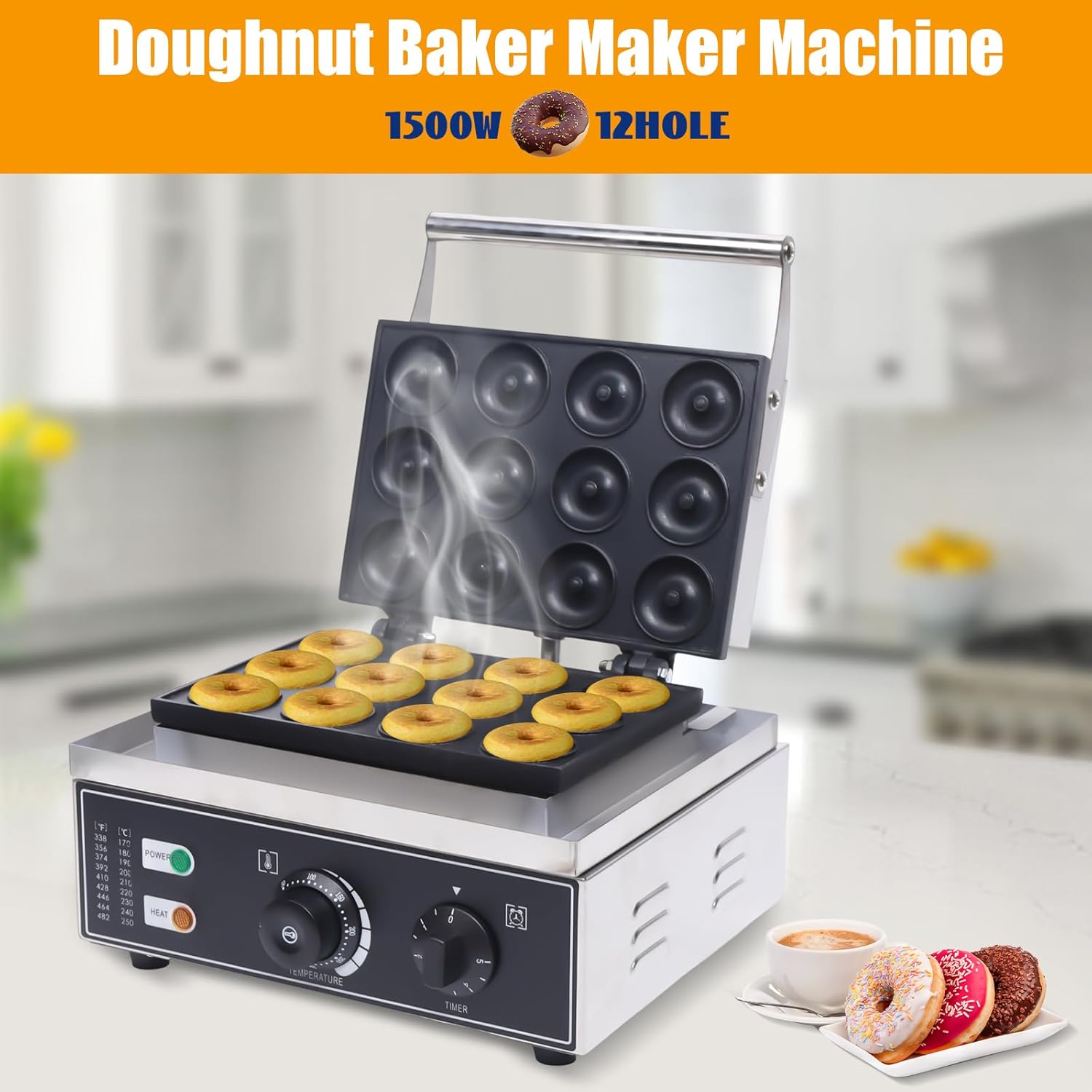 Máquina eléctrica para hacer donas de 110 V 1500 W, 12 piezas de acero inoxidable para hacer donas, máquina de panqueques de aluminio con capa de