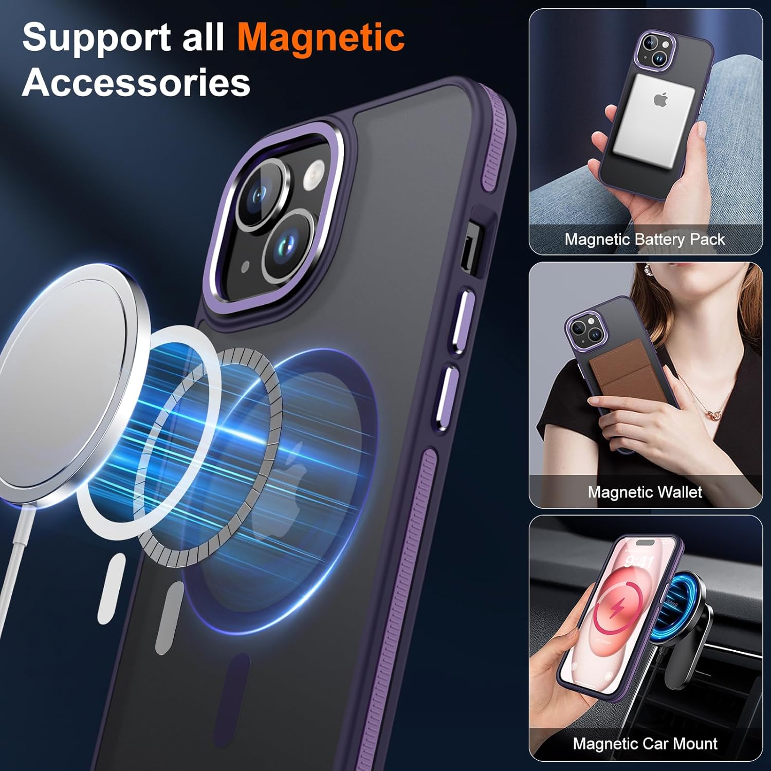JAME Funda para iPhone 15, iPhone 15 con 2 protectores de pantalla de vidrio templado, compatible con Magsafe, protección de grado militar, funda