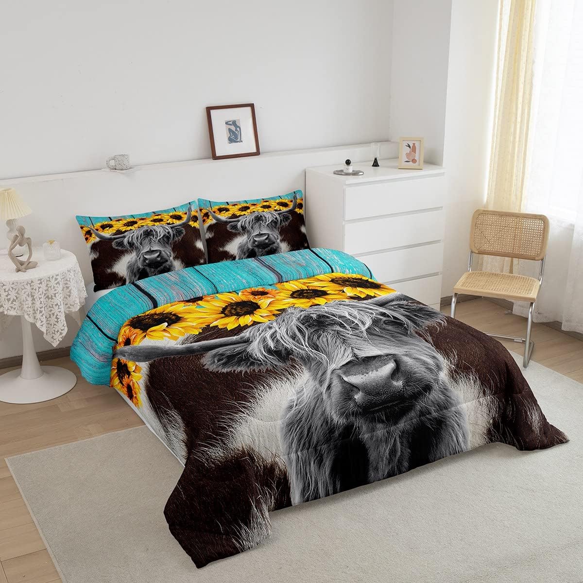 Juego de ropa de cama de vaca de las Highland, edredón con estampado de piel de vaca marrón para niños y niñas, edredón de girasoles en 3D,