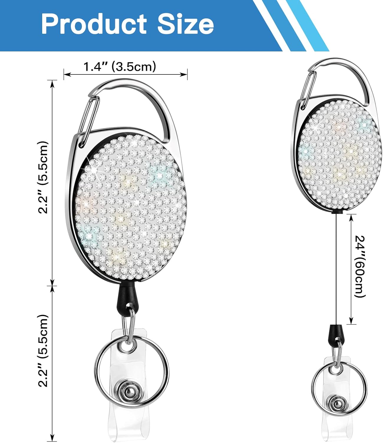 SAVORI Paquete de 2 soportes retráctiles con clip para cinturón, soporte para tarjetas de identificación, llavero con diamantes de imitación,