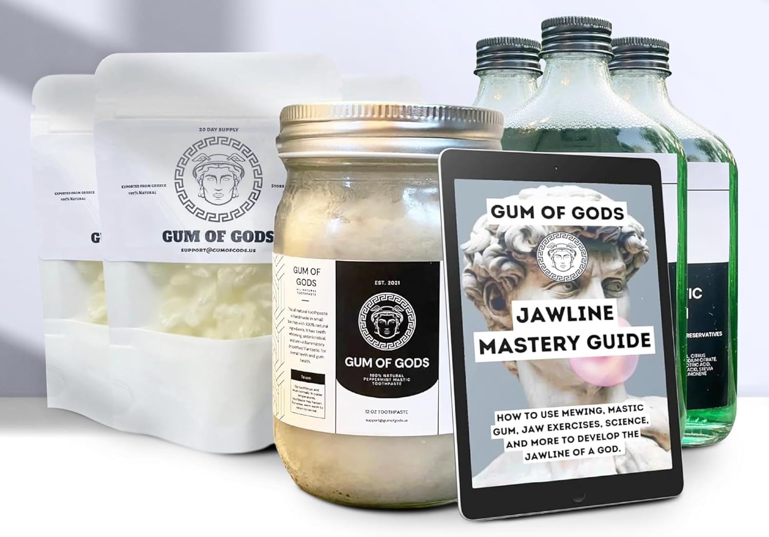 Gum of Gods – Paquete de masilla de 3 meses – Paquete de 3 chicles máticos clásicos – Incluye enjuague bucal, pasta de dientes y guía de maestría de