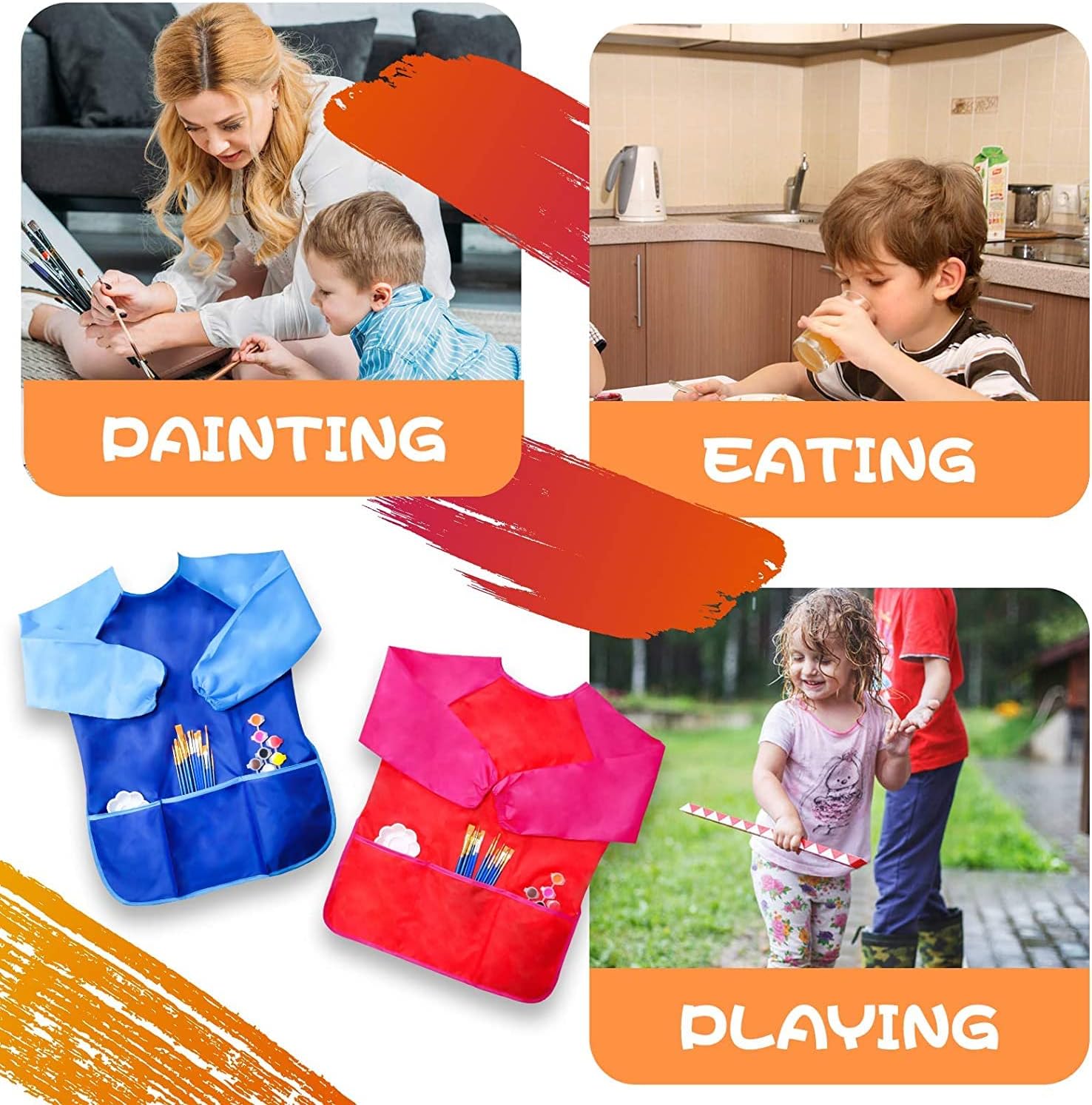 Delantales de pintura para niños, delantales de pintura de artista, manga larga, delantal de pintura para niños pequeños con 3 bolsillos,