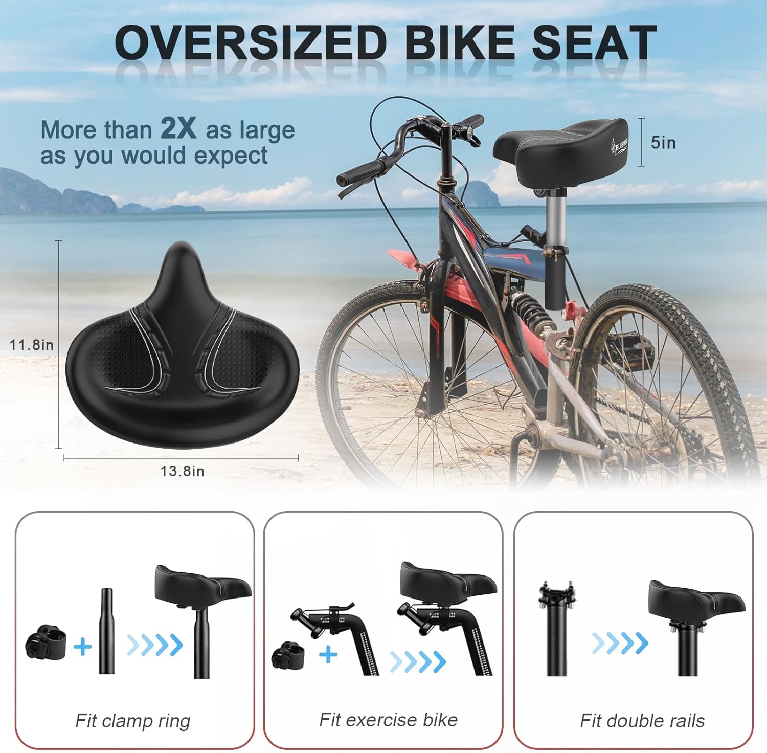 BLUEWIND Asiento de bicicleta de gran tamaño, asiento de bicicleta ancho, diseño de respaldo novedoso para bicicleta eléctrica, ajuste universal