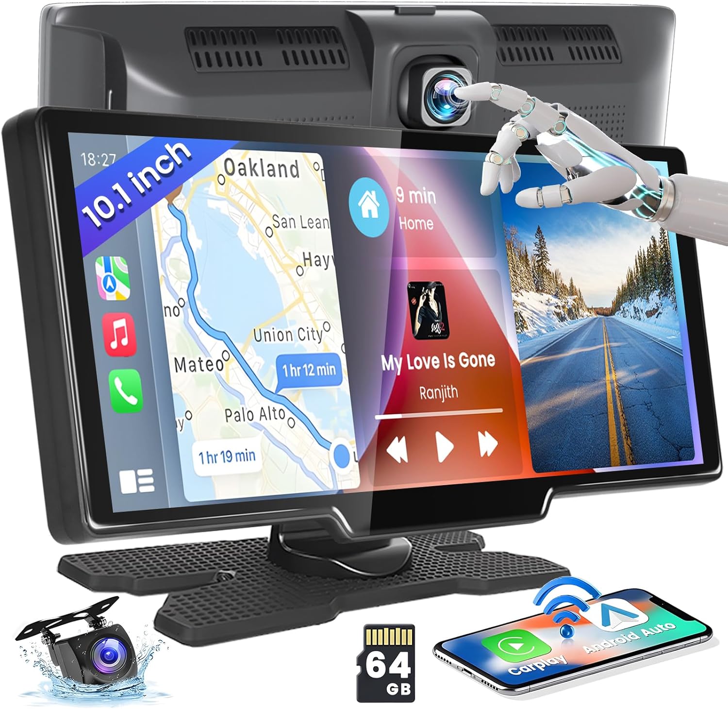 Hikity Carplay Android Auto estéreo portátil inalámbrico para automóvil, pantalla de juego de coche HD de 10.26 pulgadas con cámara de tablero de
