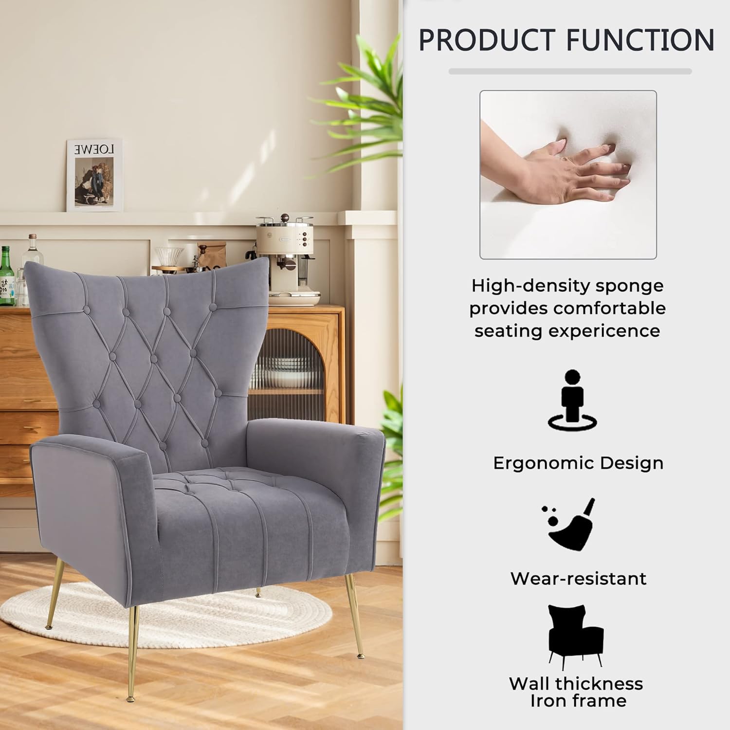 Silla decorativa moderna de terciopelo con otomana, elegante sillón con respaldo de ala con patas de metal dorado, cómodo sofá tapizado individual