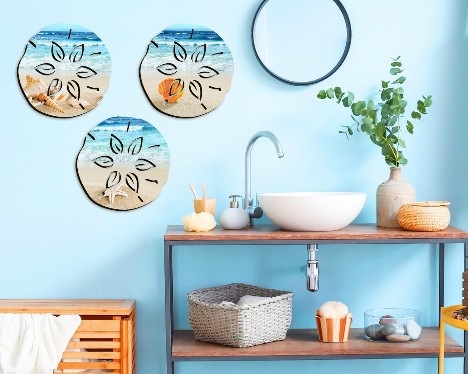 3 piezas de decoración de pared de dólar de arena de madera al aire libre, arte de pared costero de océano, playa, decoración de pared de mar,