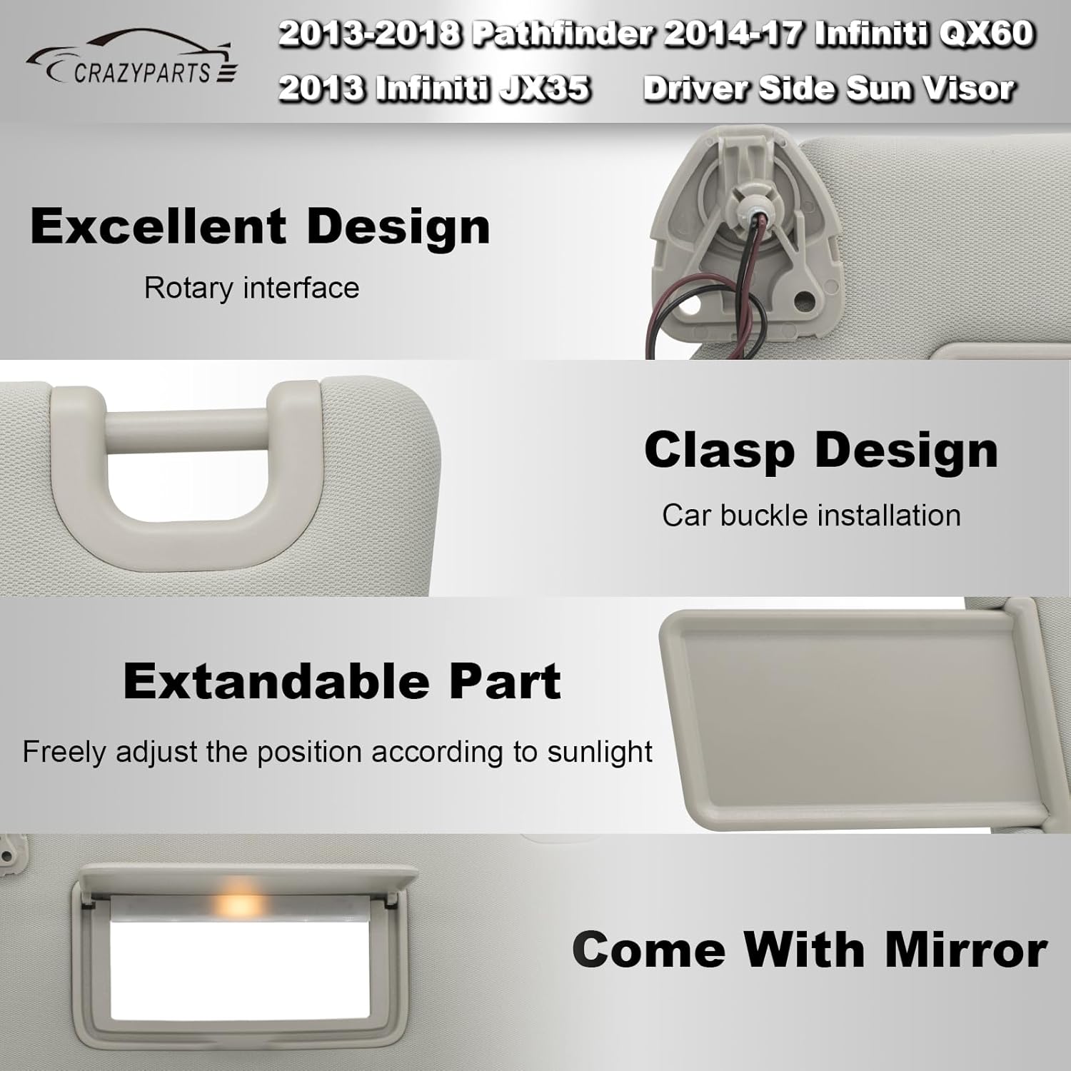 Reemplazo de visera solar del lado izquierdo del conductor compatible con Pathfinder 2013-2018 Infiniti QX60 2014-17 y Infiniti JX35 2013 con