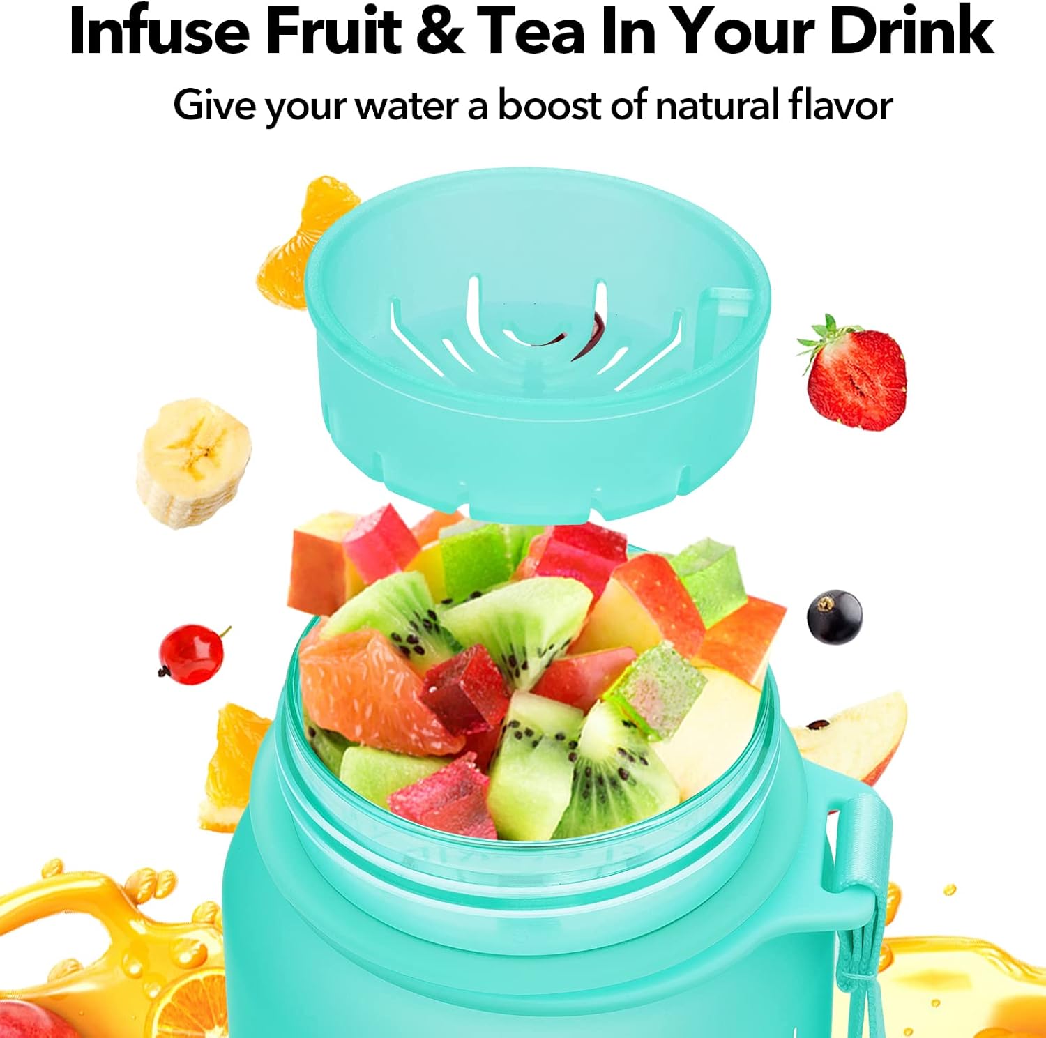 Botella de agua motivacional de 32onzas con marcador de tiempo y colador de frutas, a prueba de fugas, sin bisfenol A, no tóxica, con correa, para
