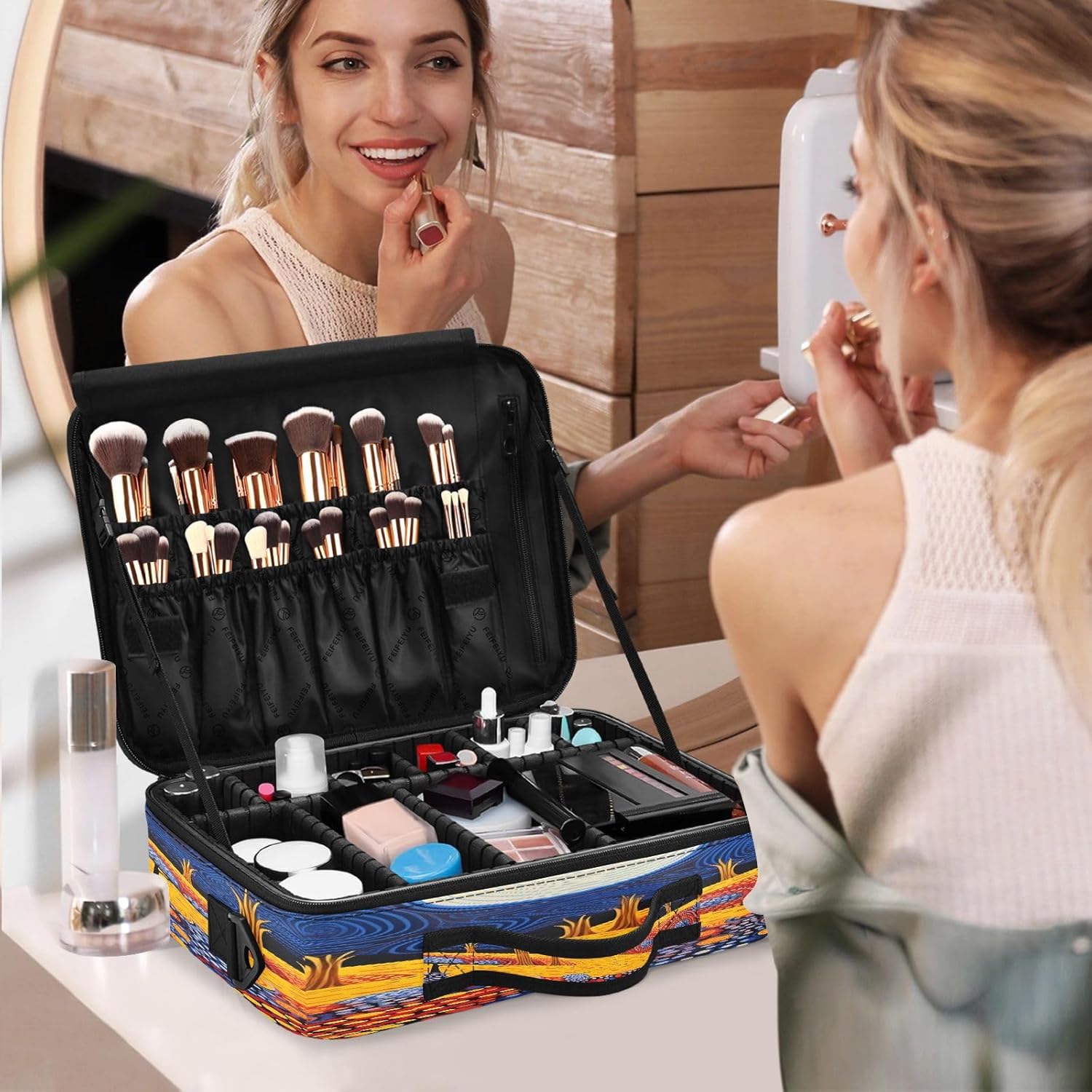 Art Dream Yellow Blue storage cosmetic travel make up bag up bag organizator large makeup bag neceser para maquillaje for women girl teen mom kids