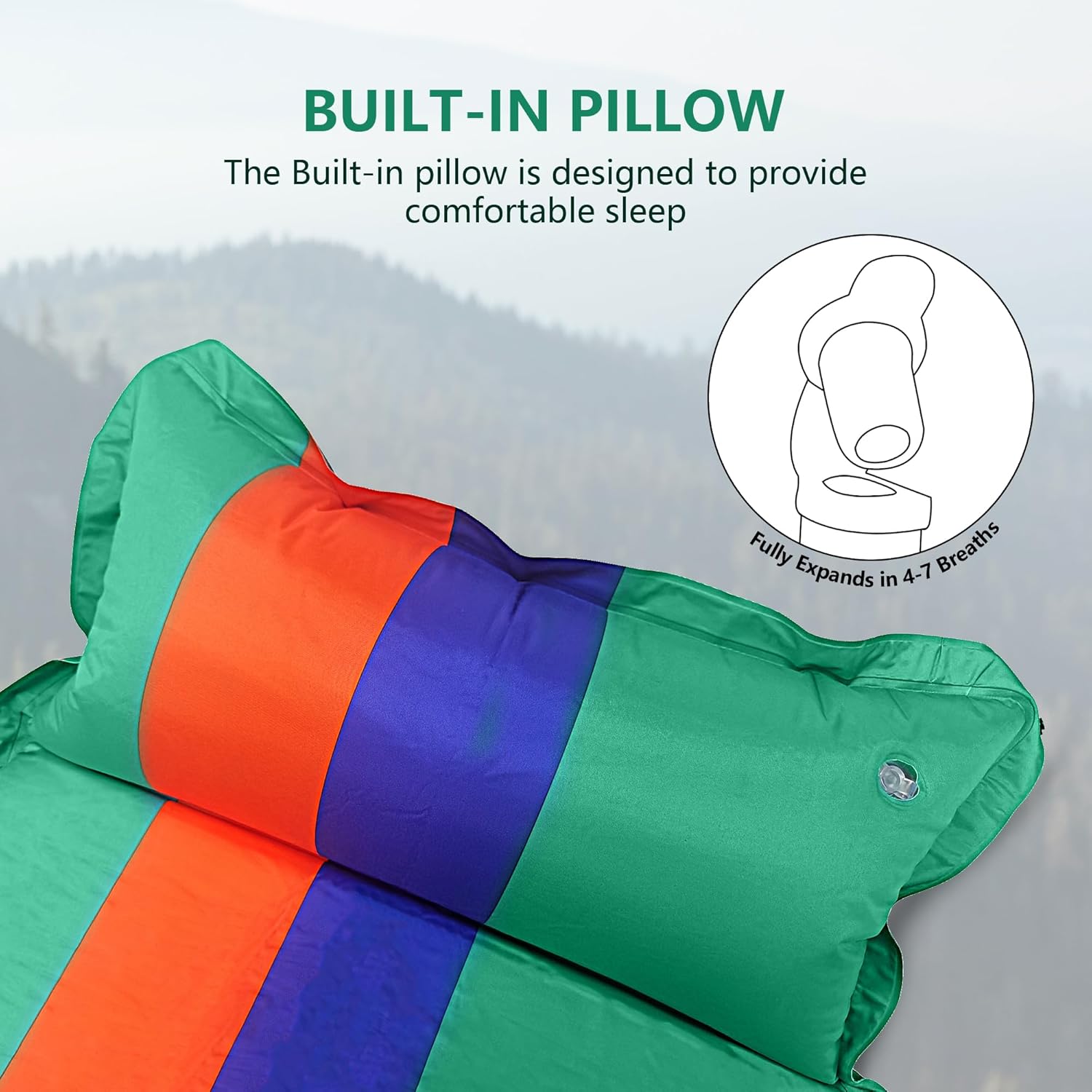 Colchoneta de dormir para campamento, colchón ligero de espuma viscoelástica con almohada, almohadilla de campamento autoinflable de 1.2 pulgadas de