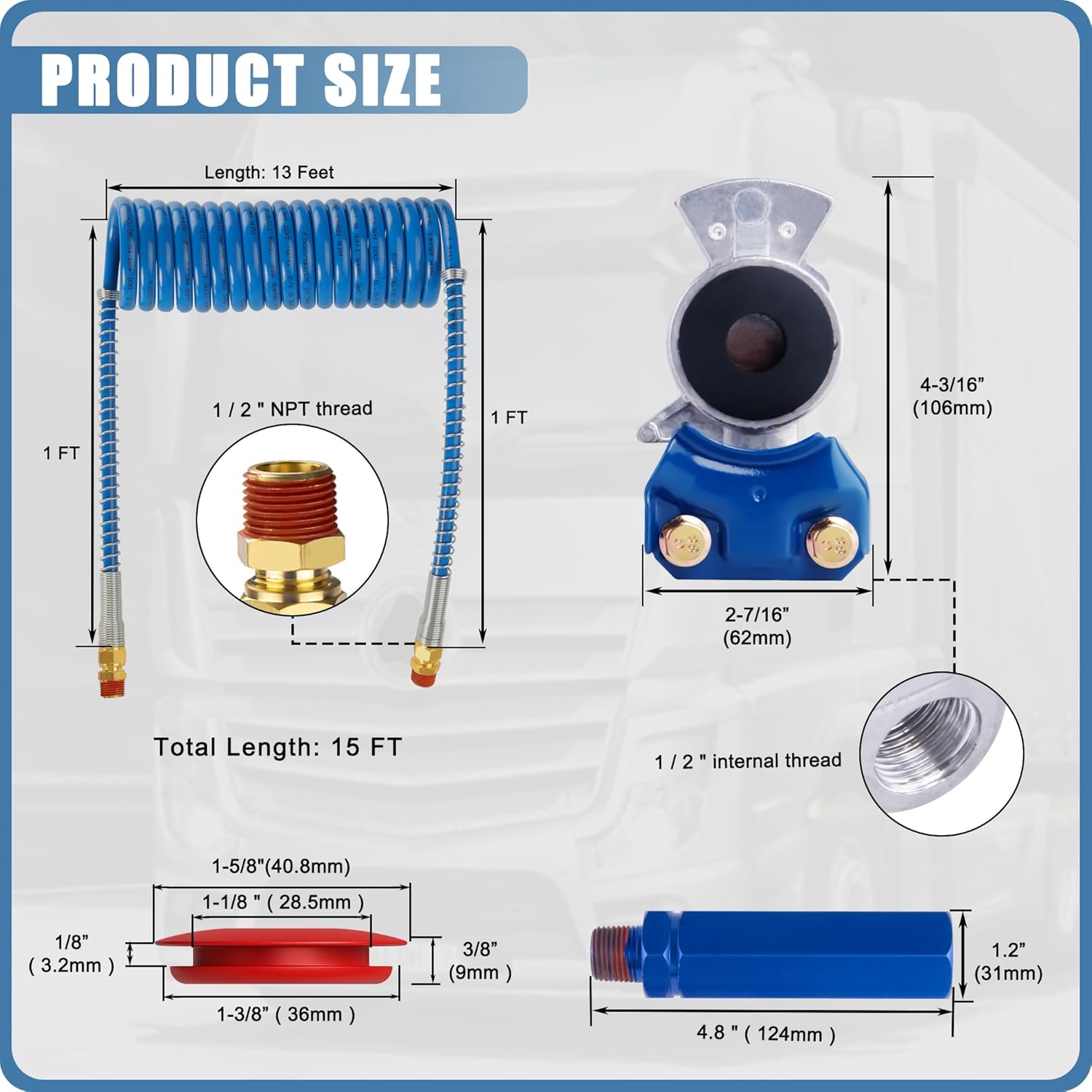 Juego de bobinas de manguera de freno de aire en espiral de 15 pies, mangueras de remolque para semirremolques, accesorios NPT DOT de 12 pulgada con