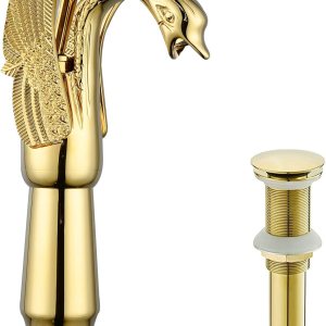 BWE Grifo de cisne de un solo agujero, dorado, a juego, desagüe desplegable sin tapón de desbordamiento y línea de suministro, grifo de lavabo de BWE Grifo de cisne de un solo agujero, dorado, a juego, desagüe desplegable sin tapón de desbordamiento y línea de suministro, grifo de lavabo de