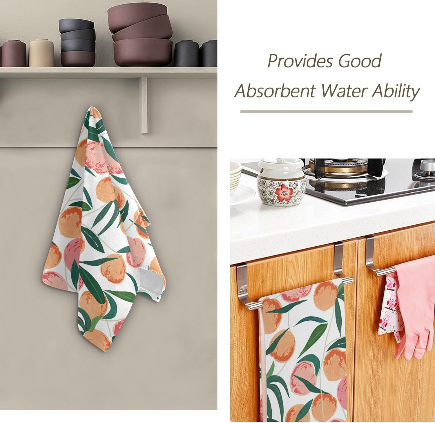 Juego de 2 toallas de mano para baño, acuarela, rosa, naranja, melocotón, suaves, absorbentes, hojas verdes, toallas de cocina, toallas decorativas