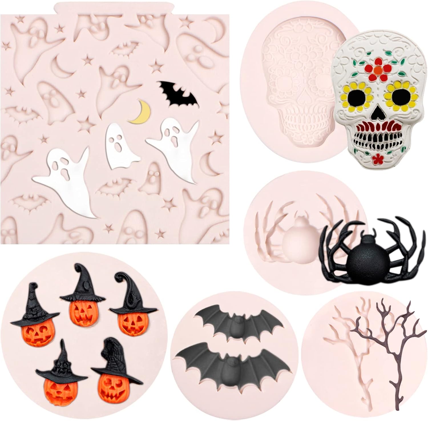 Moldes de silicona para murciélagos de Halloween, 6 unidades, molde de calabaza araña, fantasma, fondant, calavera, ramitas, molde para pastel de