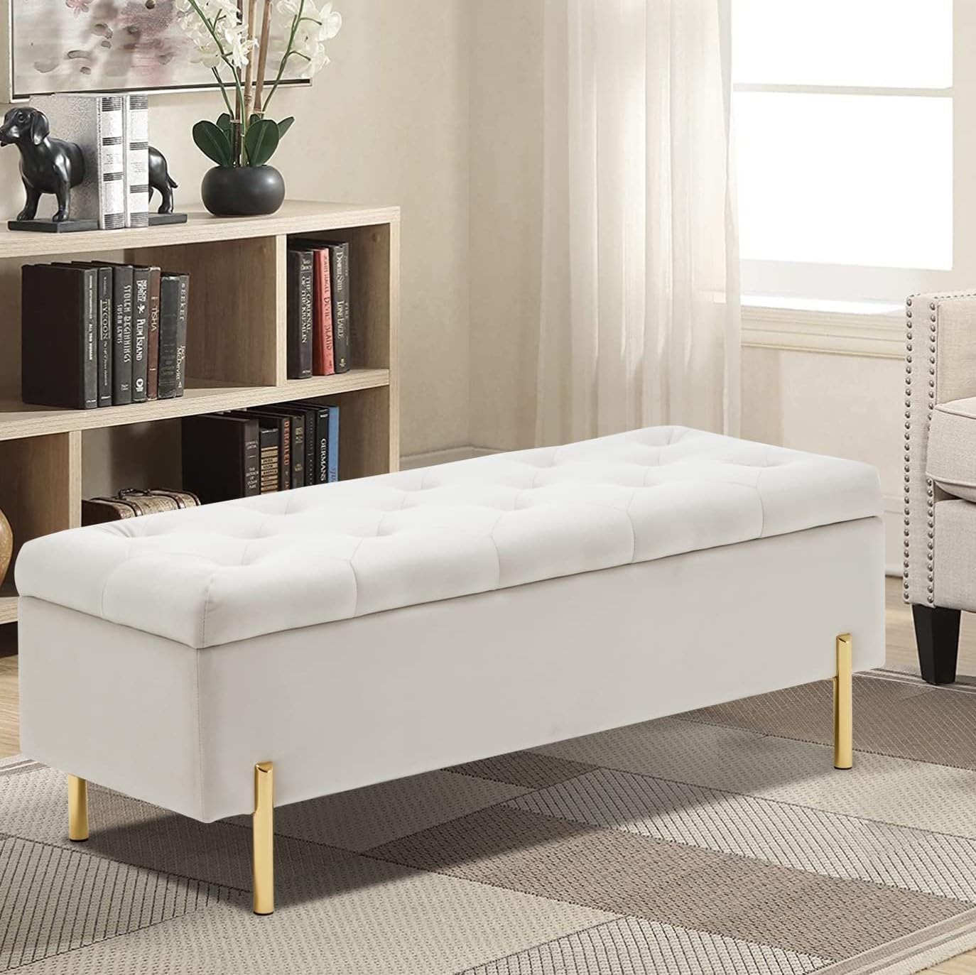 TUOMUR 45 Inch Velvet Storage Bench Upholstered Tufted Settee Ottoman Bench with Storage, Bed End Bench with Soft Close Lid, for Bedroom, Living