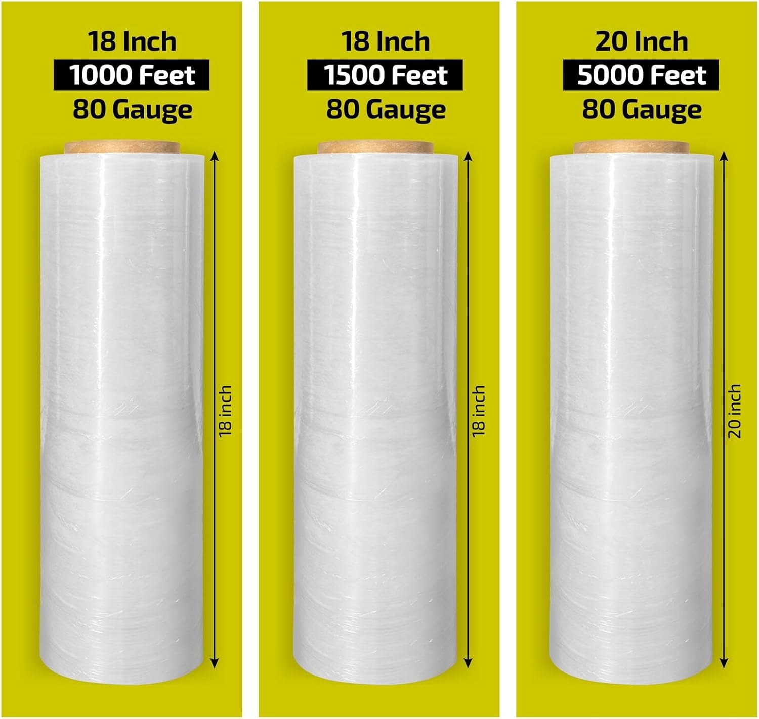 EIt Película elástica de 18 pulgadas  envoltura de 18 pulgadas x 1000 pies, 7 capas, calibre 80, resistencia industrial hasta un 800% de