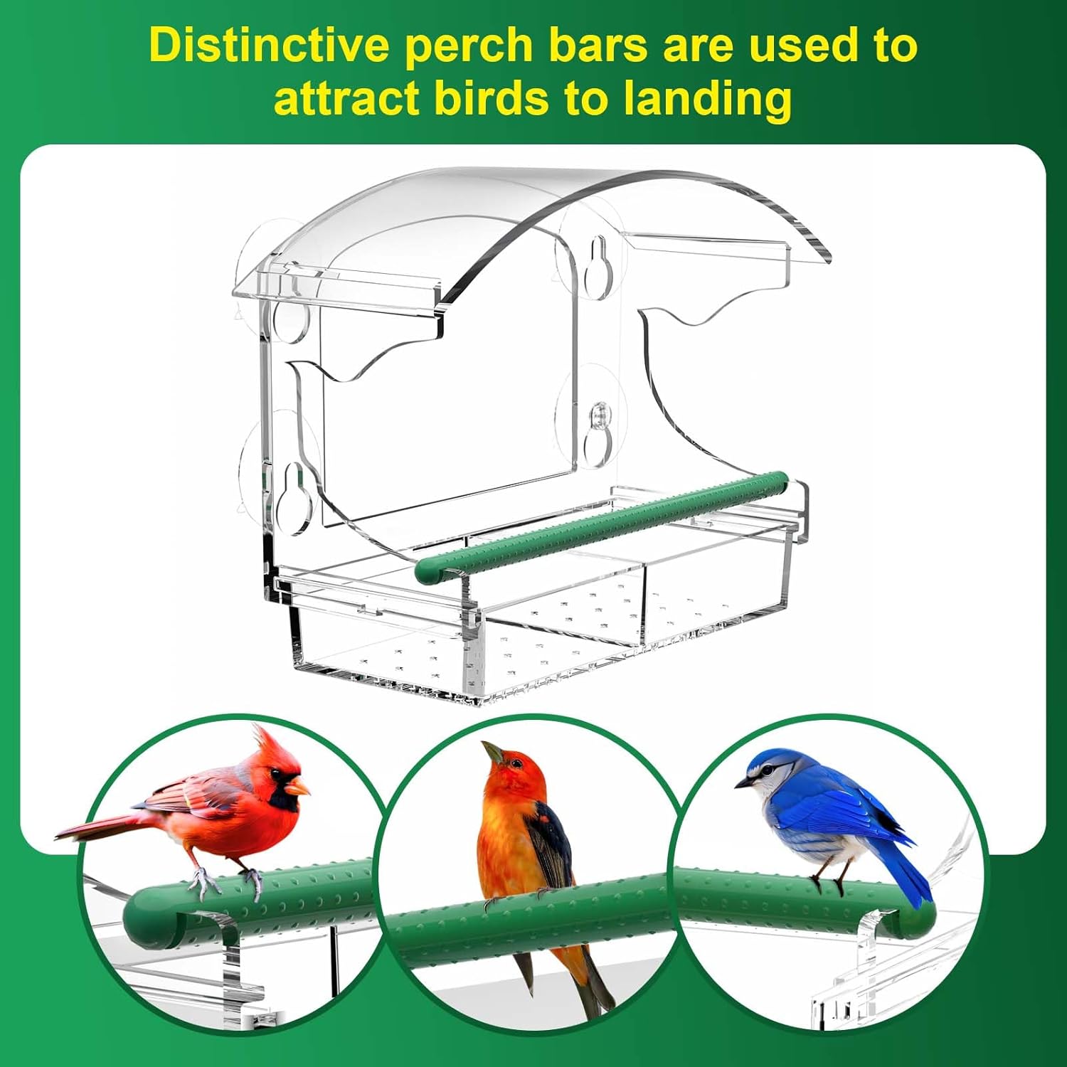 Comedero para pájaros de ventana transparente con 4 ventosas fuertes y bandeja de semillas desmontable, comederos acrílicos para pájaros montados en