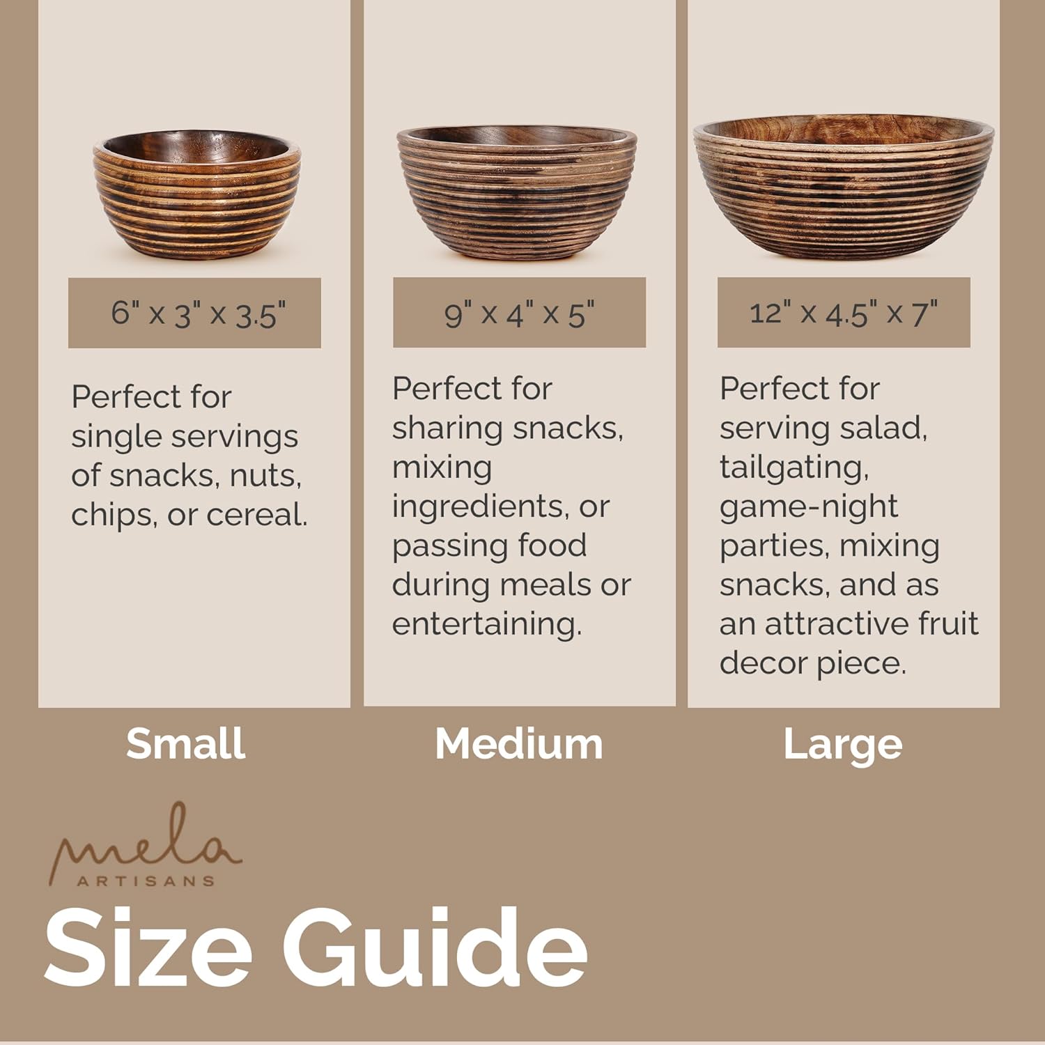Mela Artisans Frutero de madera de 9 pulgadas, cuenco regular para ensaladas, cereales, aperitivos y mezcla, cuencos decorativos para cocina