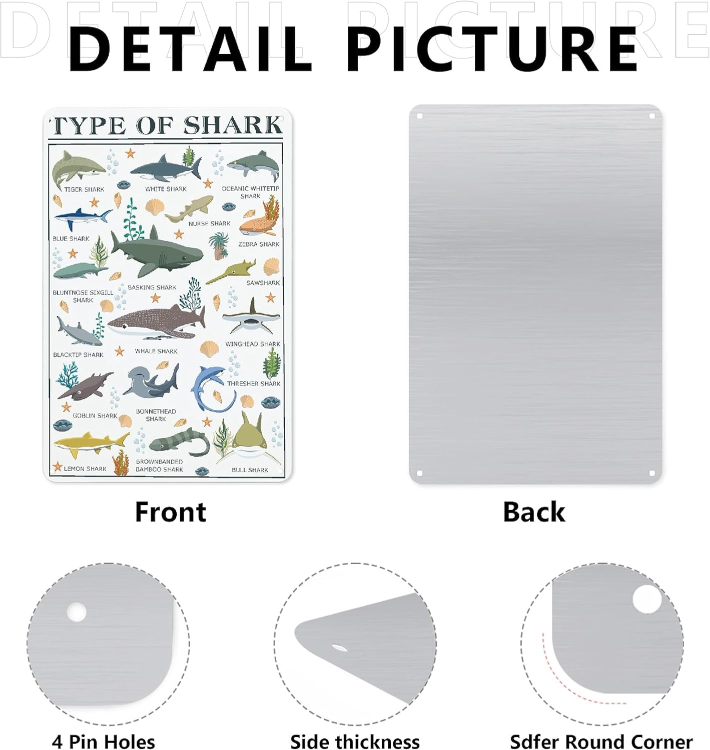 Póster de tiburón  Arte de pared de conocimiento de tiburón  Tipos de tiburón letrero de metal de aluminio  Divertido mundo educativo ciencia