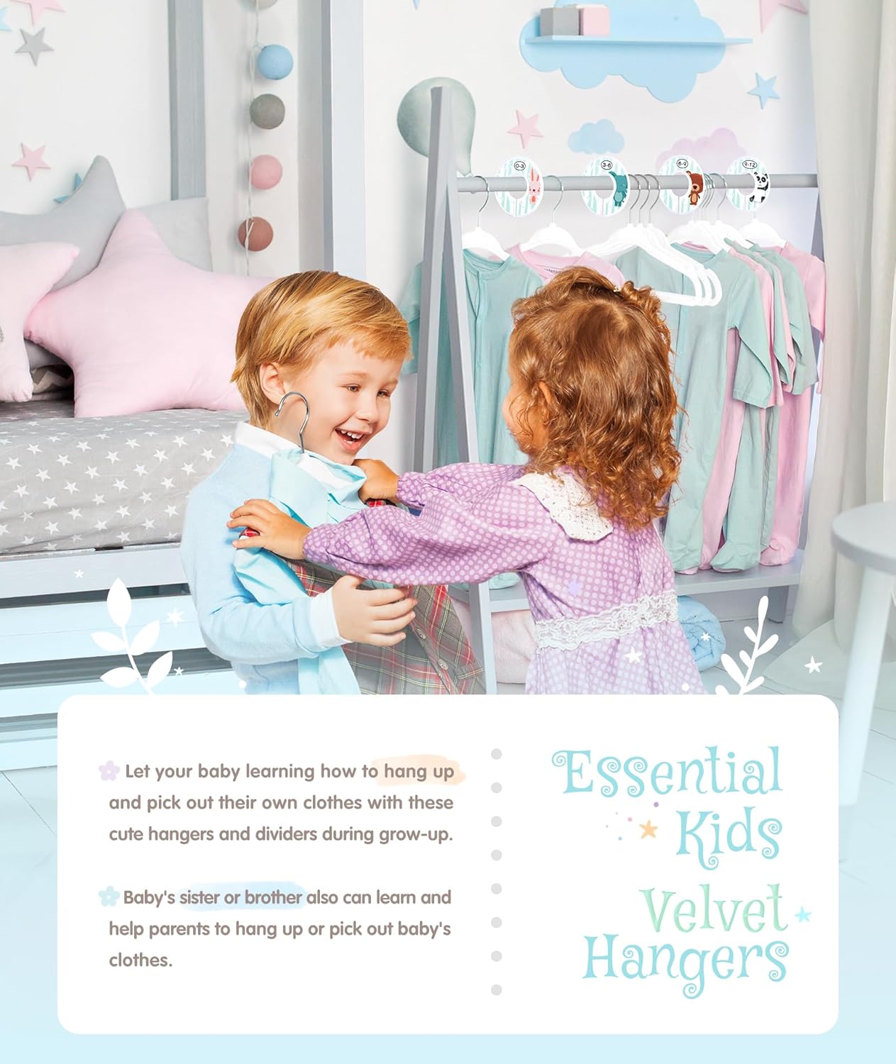 VIS’V – Perchas de terciopelo para niños, 11 pulgadas, color blanco, antideslizantes, para ropa de bebé, con 6 bonitos divisores de ropa para bebés,