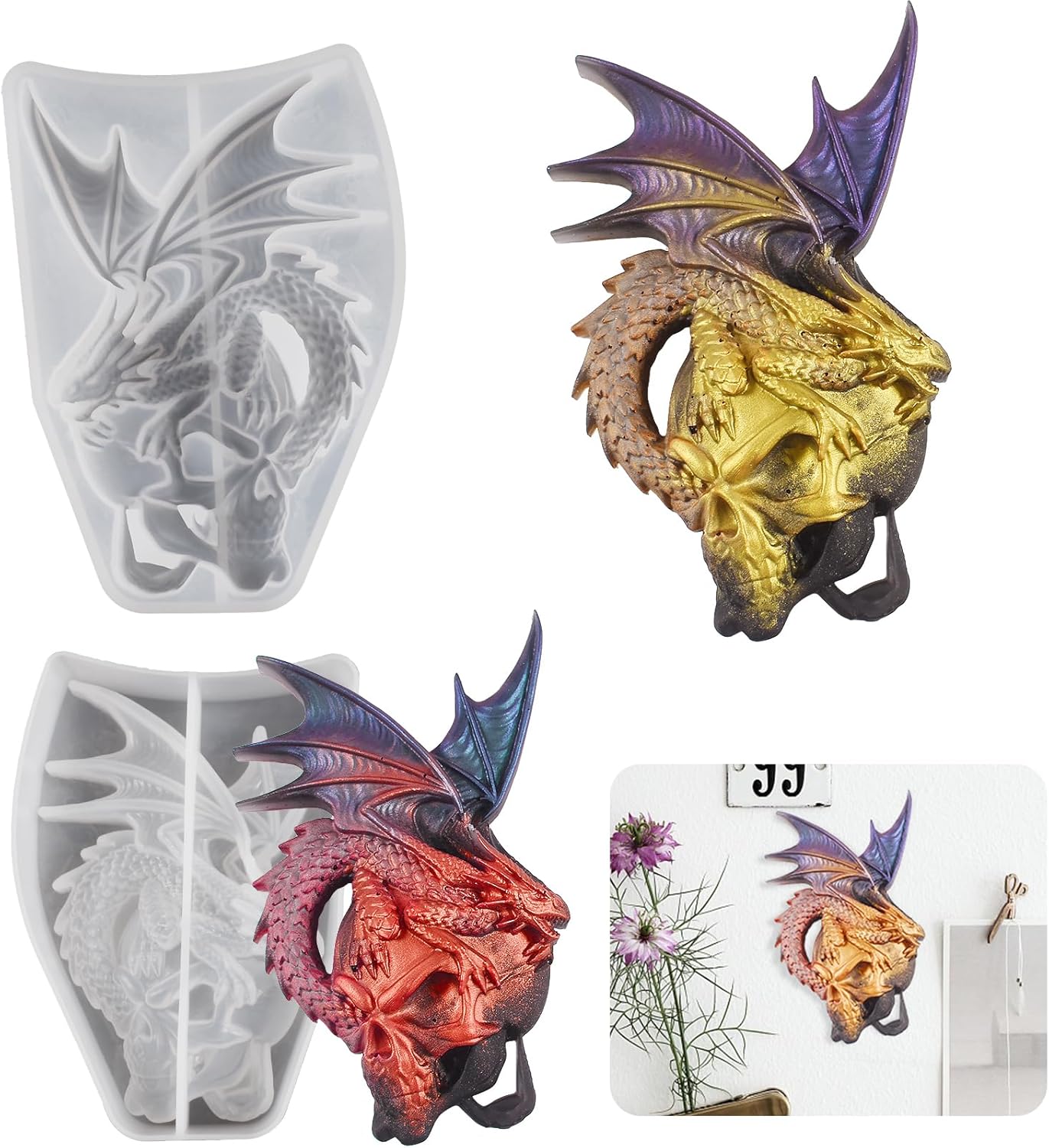 Molde de vela de dragón de rosa de cráneo, molde de rosa, molde de resina de dragón, molde de arcilla, molde de fundición de resina de joyería,