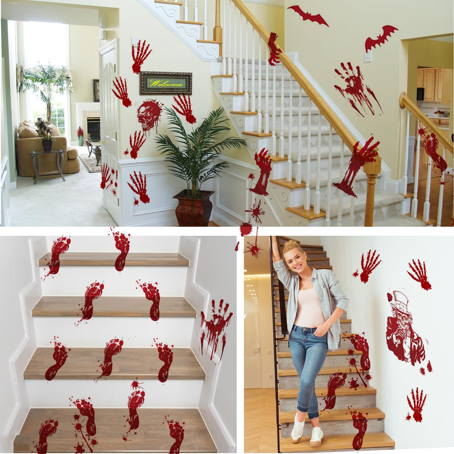 15 hojas de decoración de Halloween, 156 piezas de huellas de manos sangrientas de Halloween, calcomanías de ventana de esqueleto de terror,