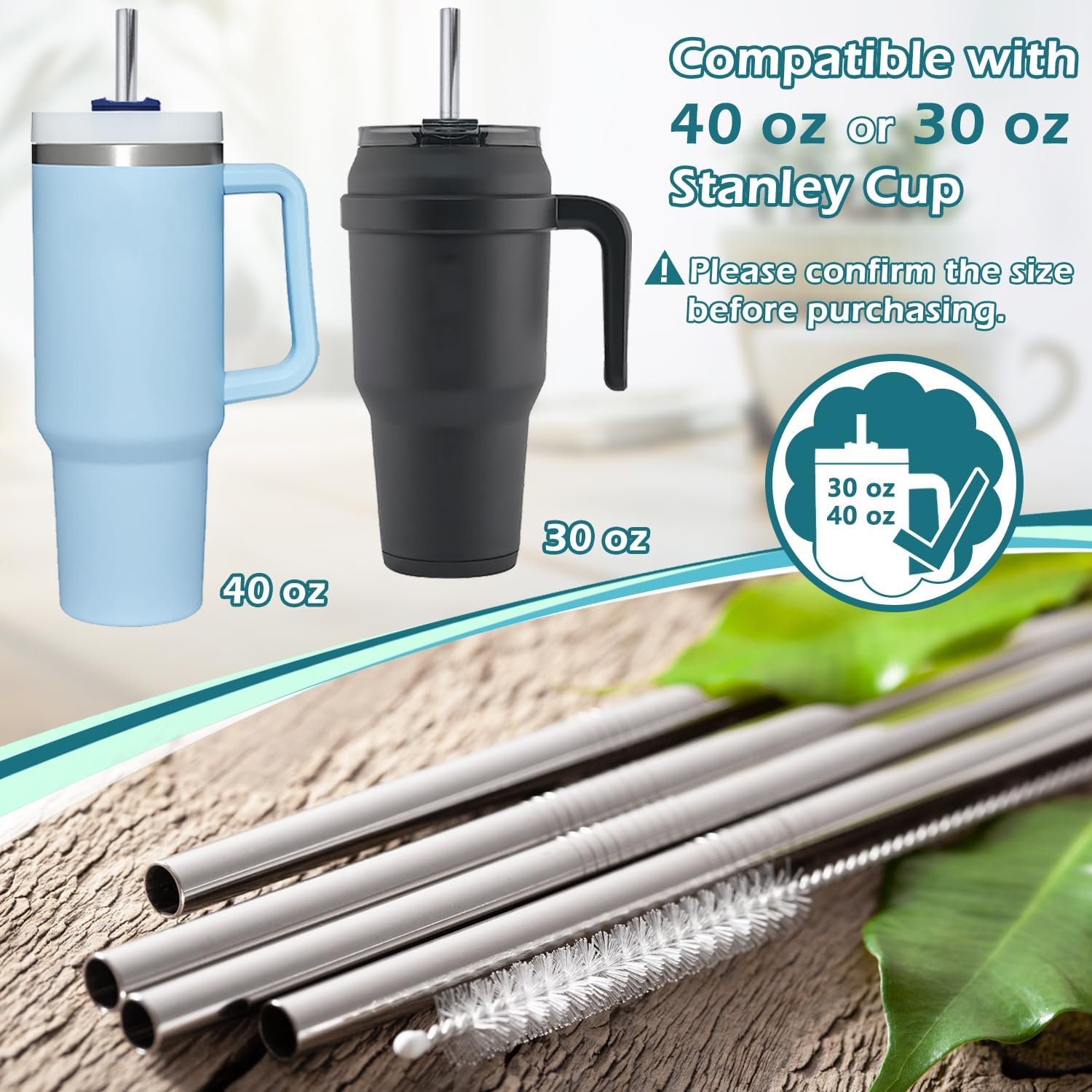 Paquete de 6 popotes reutilizables con cepillo de limpieza, popotes largos de repuesto compatibles con vaso Stanley de 40 onzas y 30 onzas, metal,