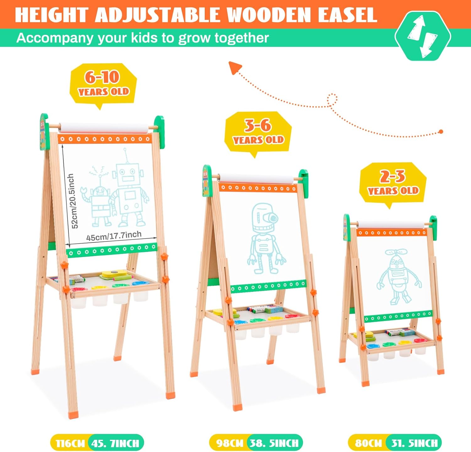 Caballete de madera plegable de doble cara para niños, pizarra blanca, caballete de arte con almacenamiento, caballete de altura ajustable para