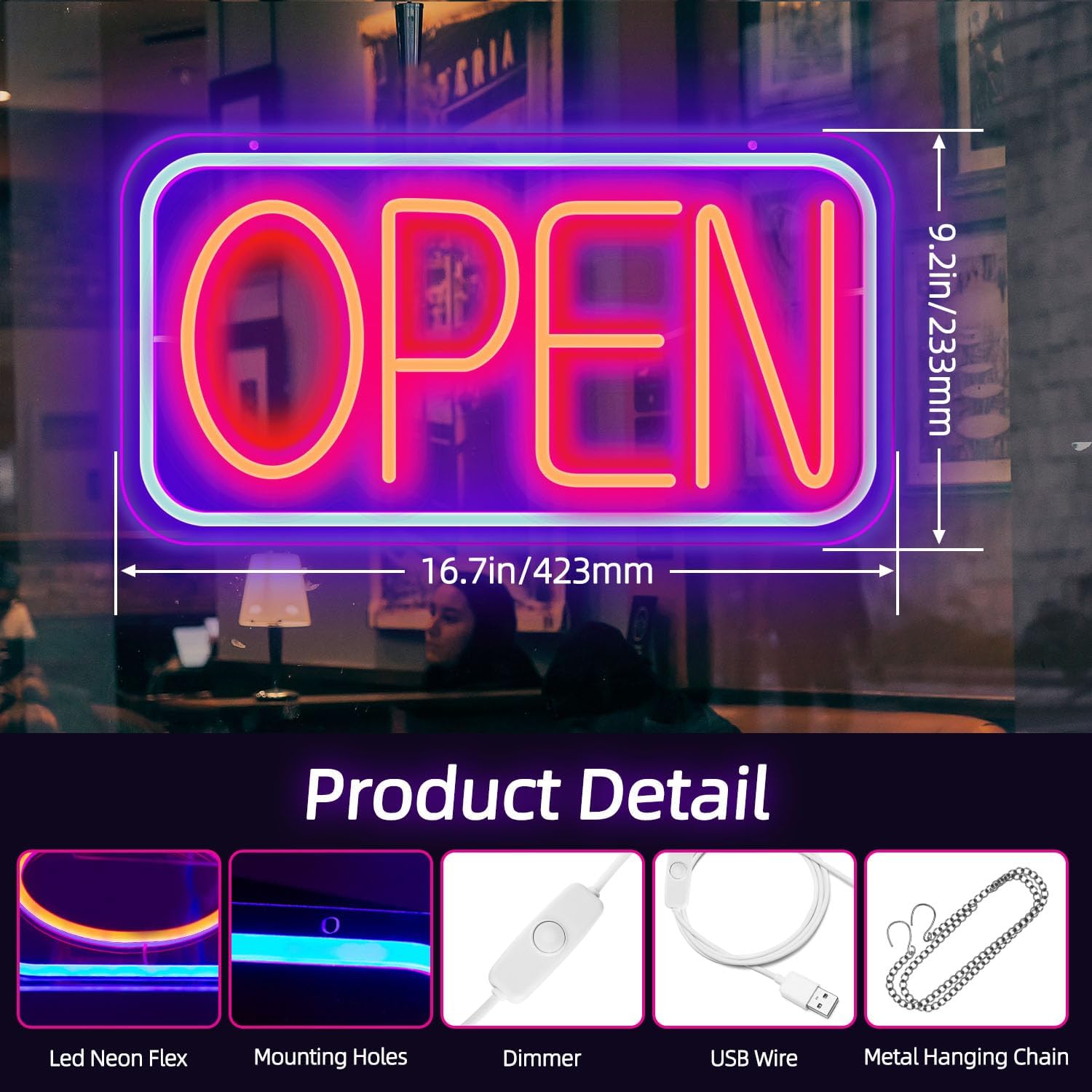 GELBEKUH Letrero LED de neón abierto para negocios, 16.7 x 9.2 pulgadas, ultra brillante, con interruptor de encendidoapagado, luces de neón de