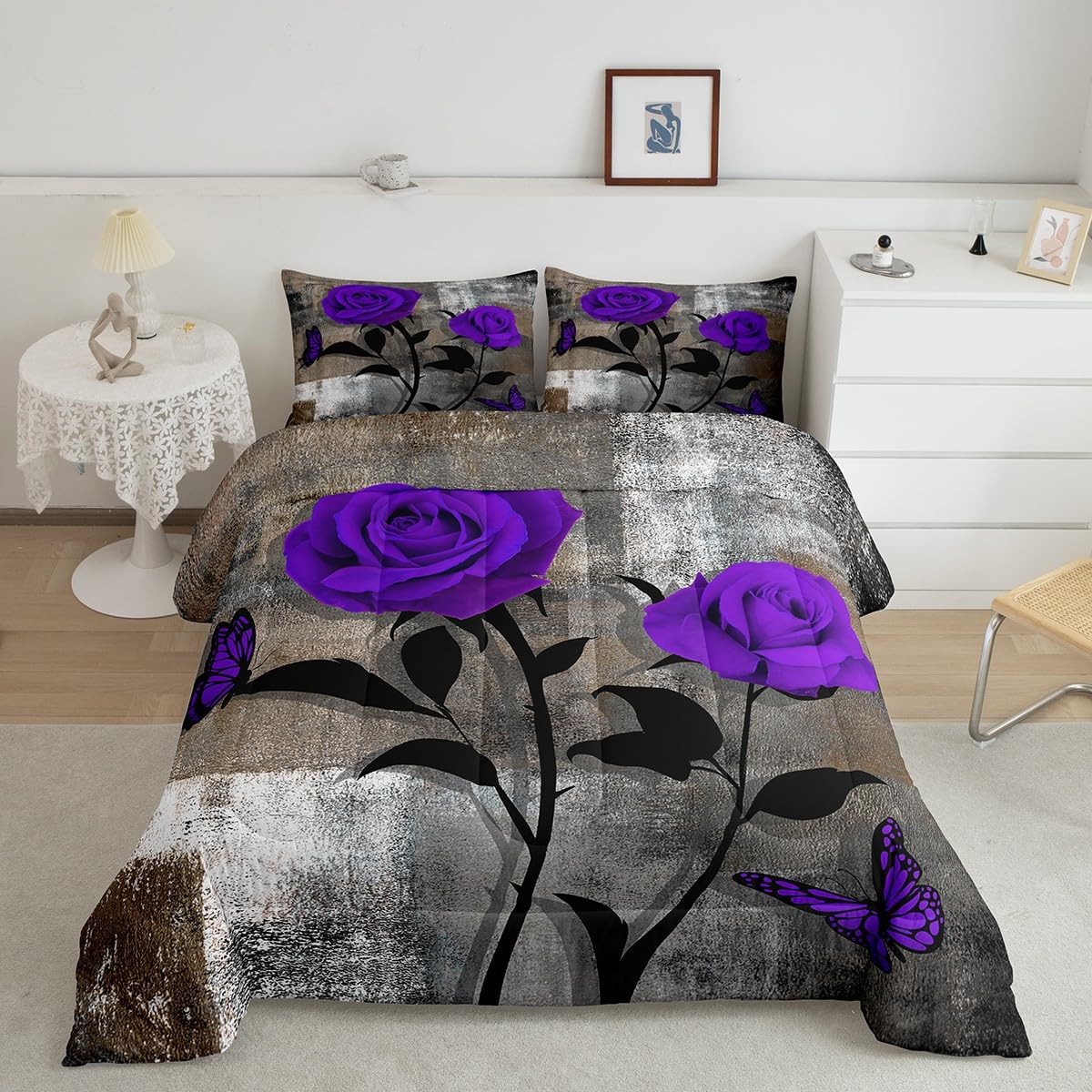 Erosebridal Juego de edredón de acuarela tamaño Queen, juego de ropa de cama de color marrón grunge y blanco degradado para adultos, romántico