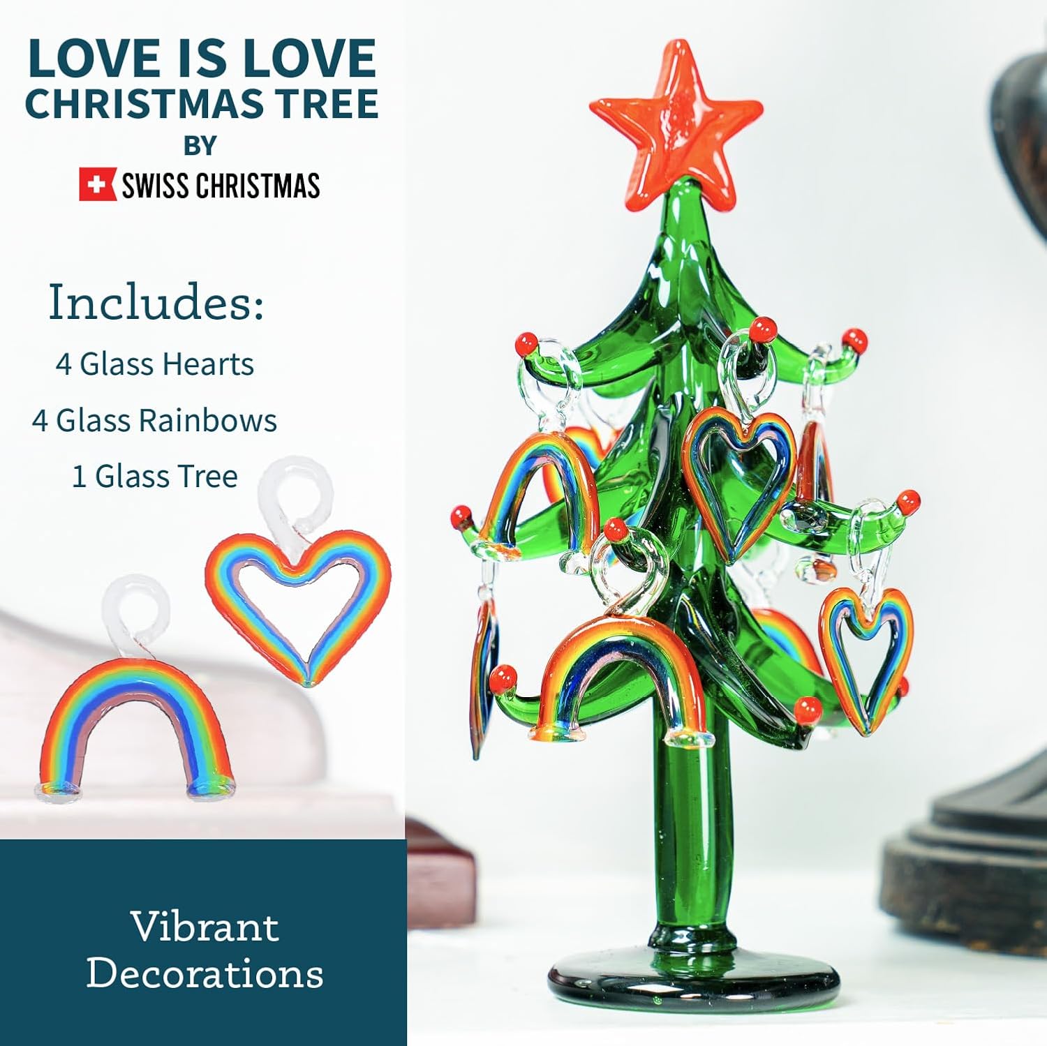SWISS CHRISTMAS Love is Love – Árbol de Navidad de cristal hecho a mano de 6 pulgadas, 8 adornos de arcoíris y corazón en miniatura