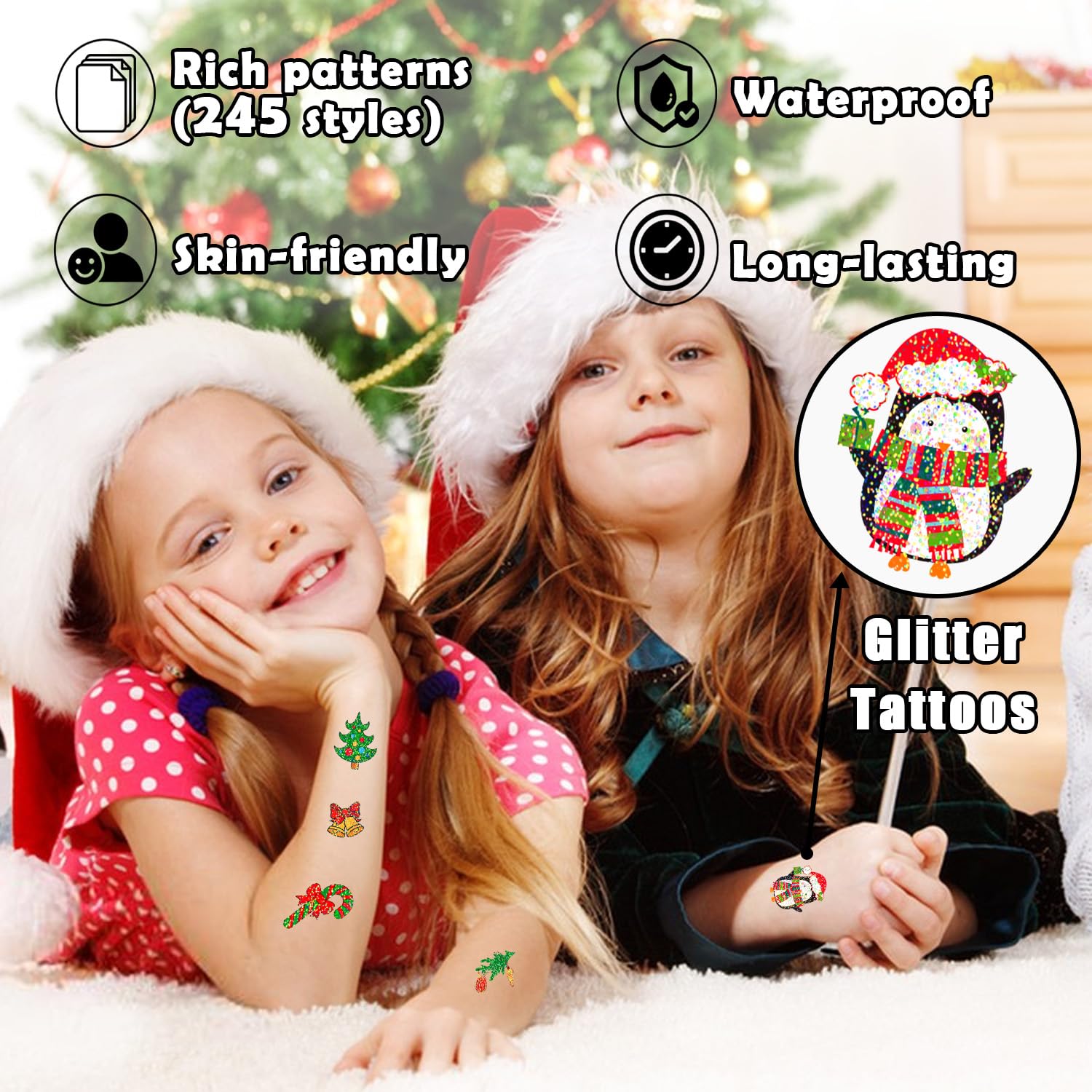 Partywind 28 hojas (245 estilos de brillantina), tatuajes de Navidad para niños, suministros de fiesta de cumpleaños de Navidad, decoraciones de