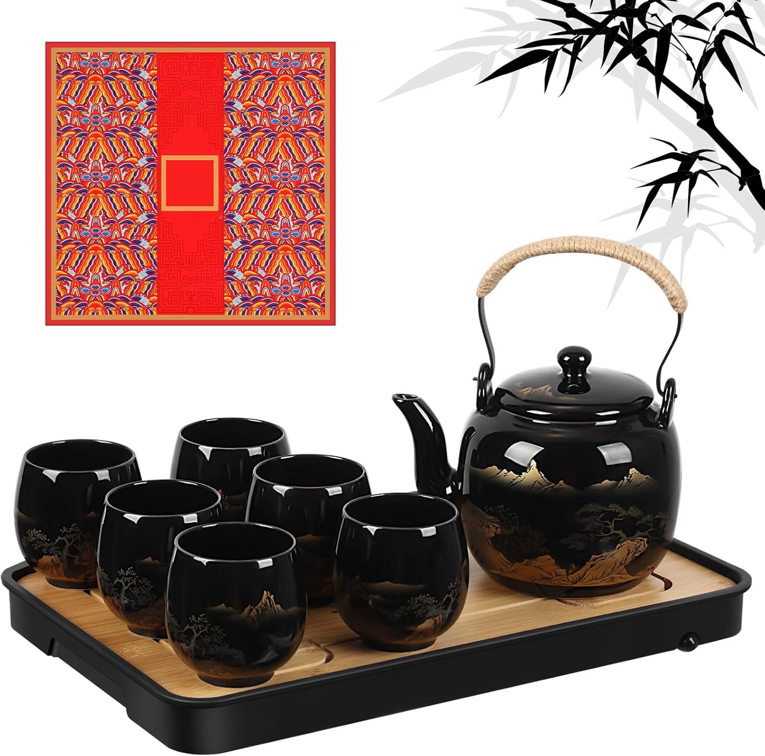 Juego de té japonés en caja de regalo, juego de té asiático, tetera mágica con 1 tetera, 6 tazas de té, 1 bandeja de té, 1 infusor de acero