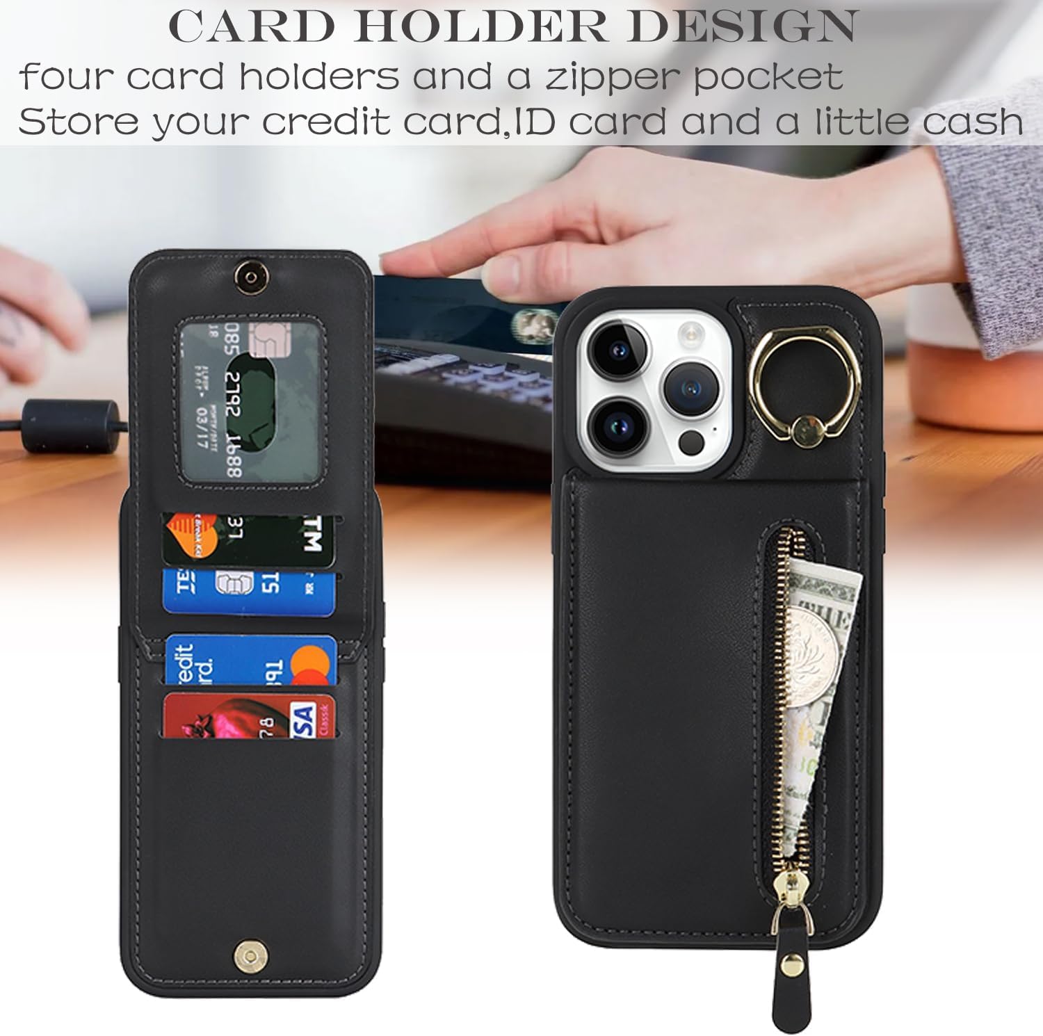 Funda para iPhone 13 Pro Max con tarjetero para mujer, iPhone 13 Pro Max, funda para teléfono con tarjeta de crédito con anillo, cierre de soporte,