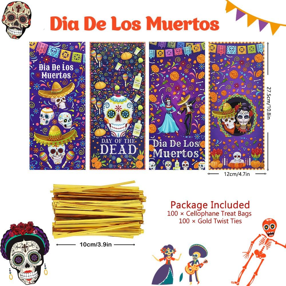 Day of the Dead – Bolsas de golosinas para dulces, 100 unidades Dia de Los Muertos, bolsas de golosinas mexicanas de 4 estilos de caléndula de